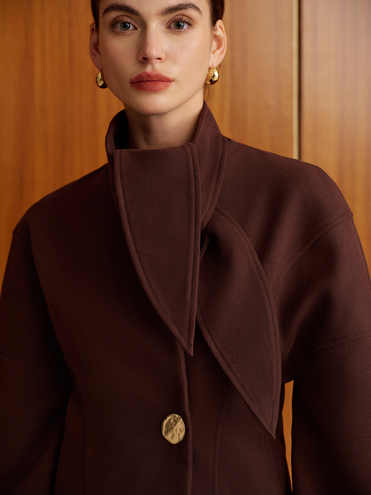 Plain Metal-Button Coat With Scarf-Chicvia