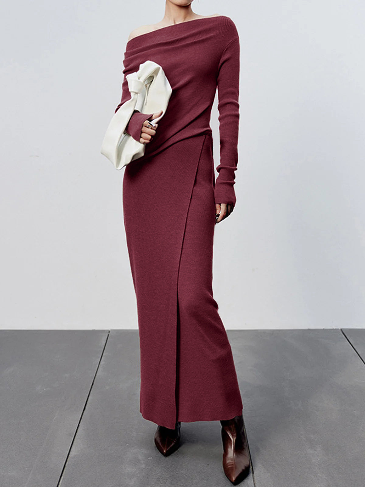 Caramel Slit Maxi Knit Skirt-Chicvia