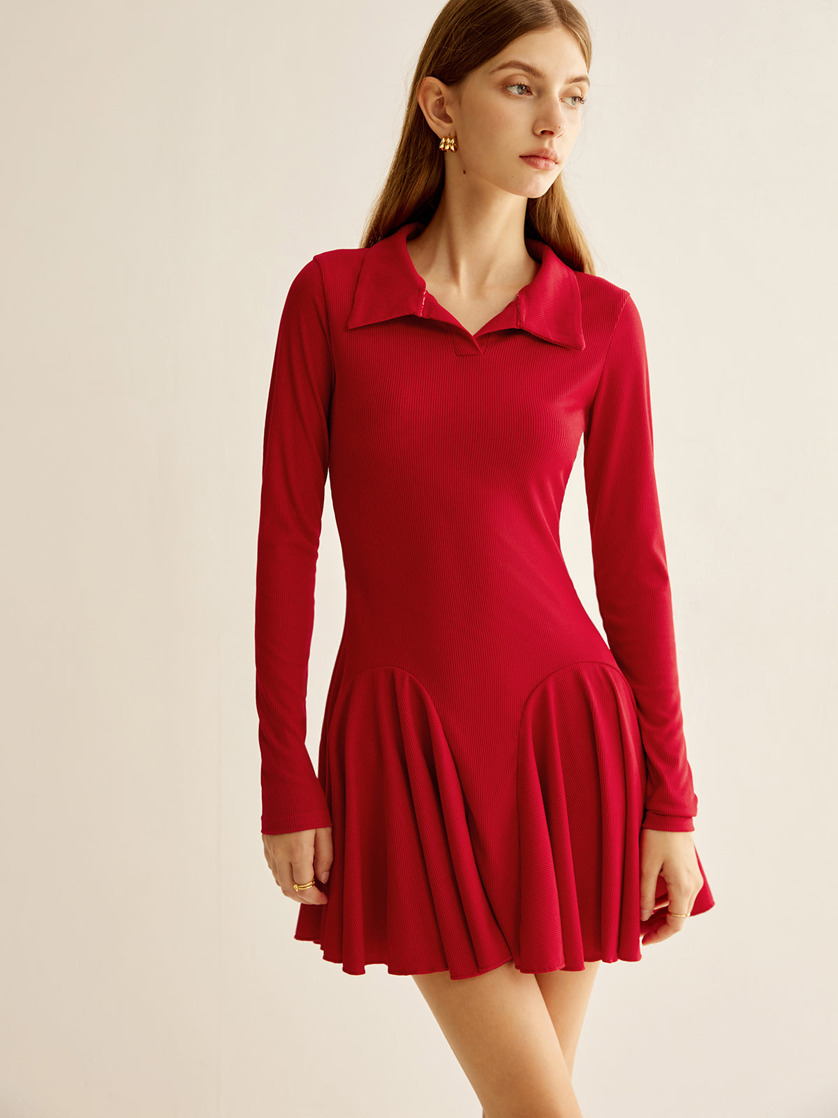 Pleated Ribbed Panel Dress-Chicvia