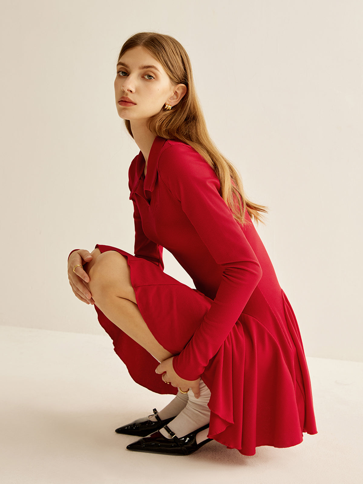 Pleated Ribbed Panel Dress-Chicvia