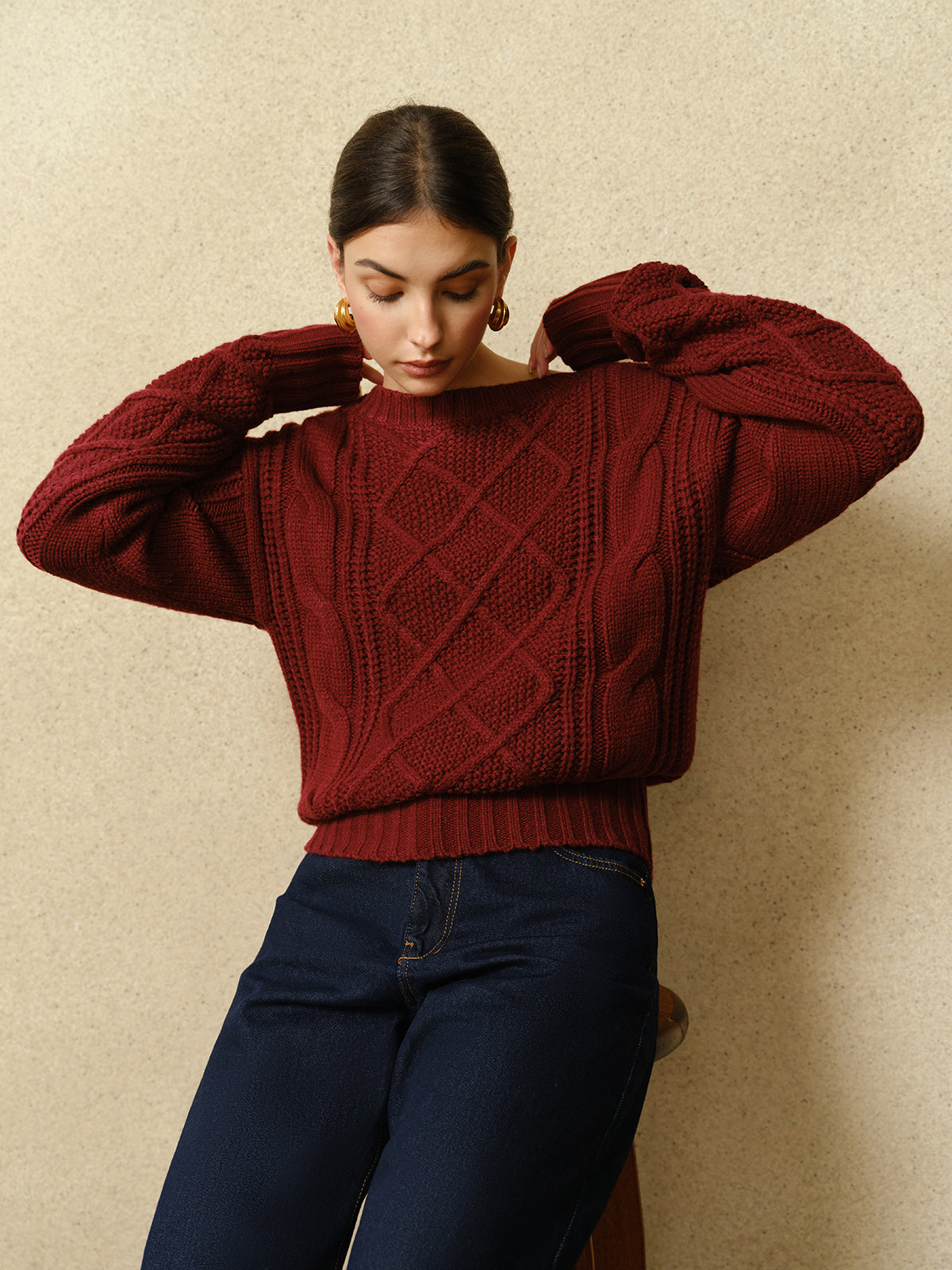 Casual Crew Neck Cable-Knit Top-Chicvia