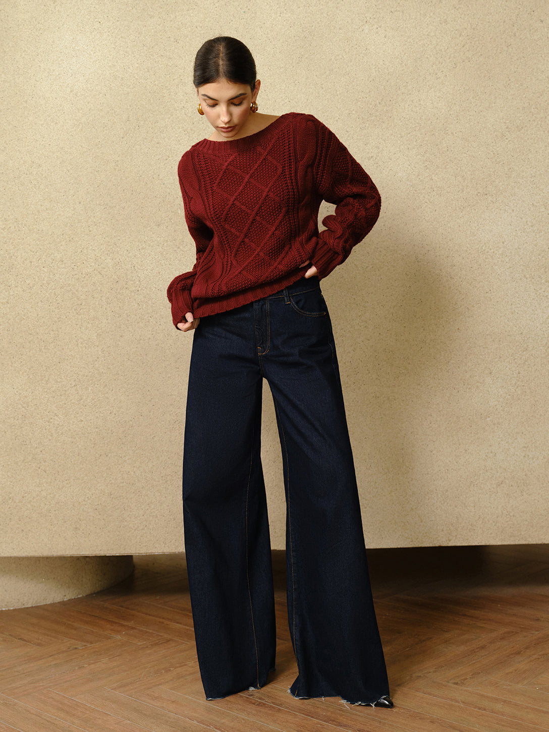 Casual Crew Neck Cable-Knit Top-Chicvia