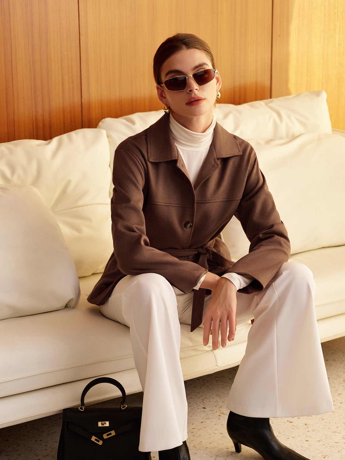 Belted Suede Effect Polo Jacket-Chicvia