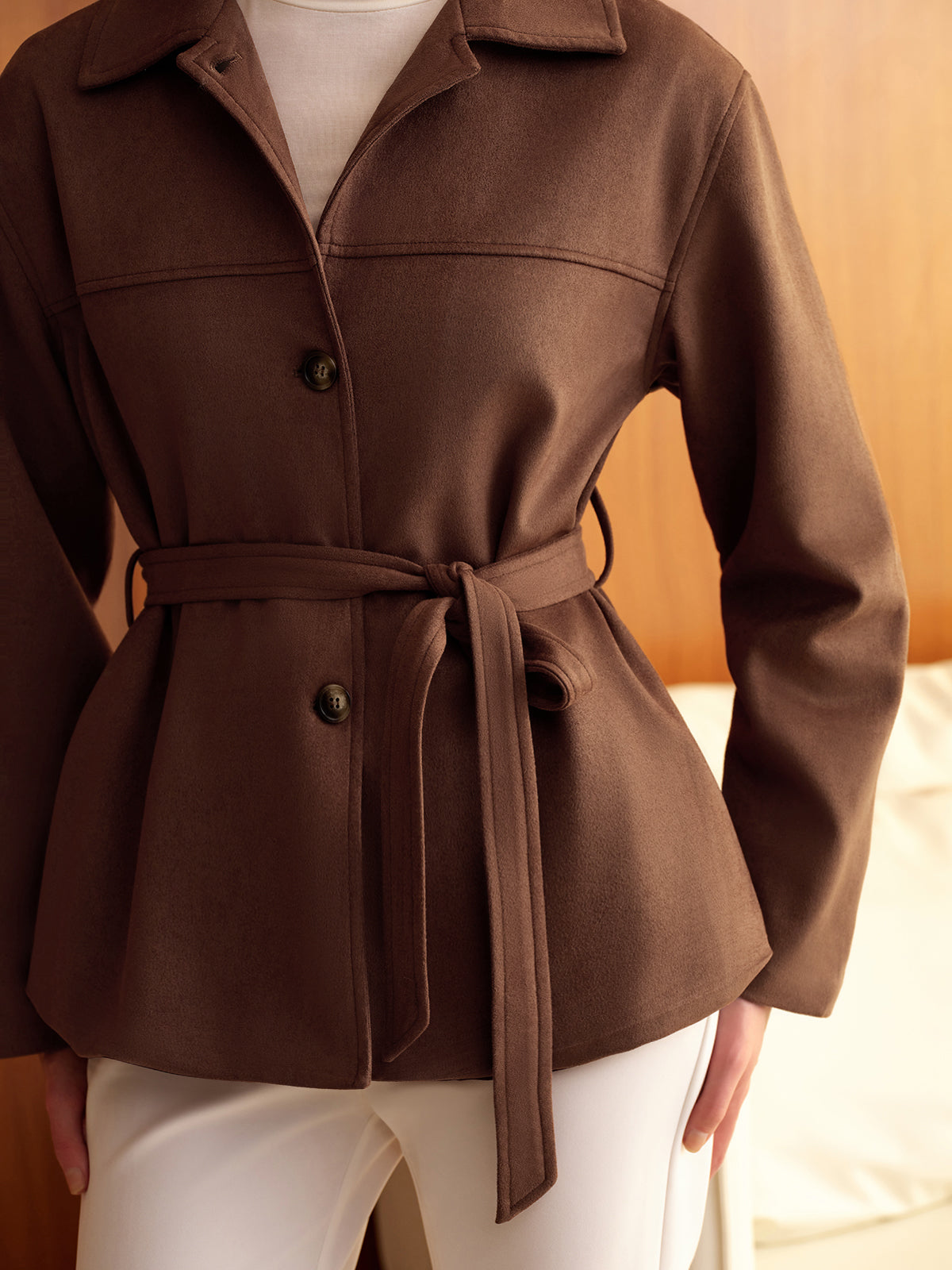 Belted Suede Effect Polo Jacket-Chicvia