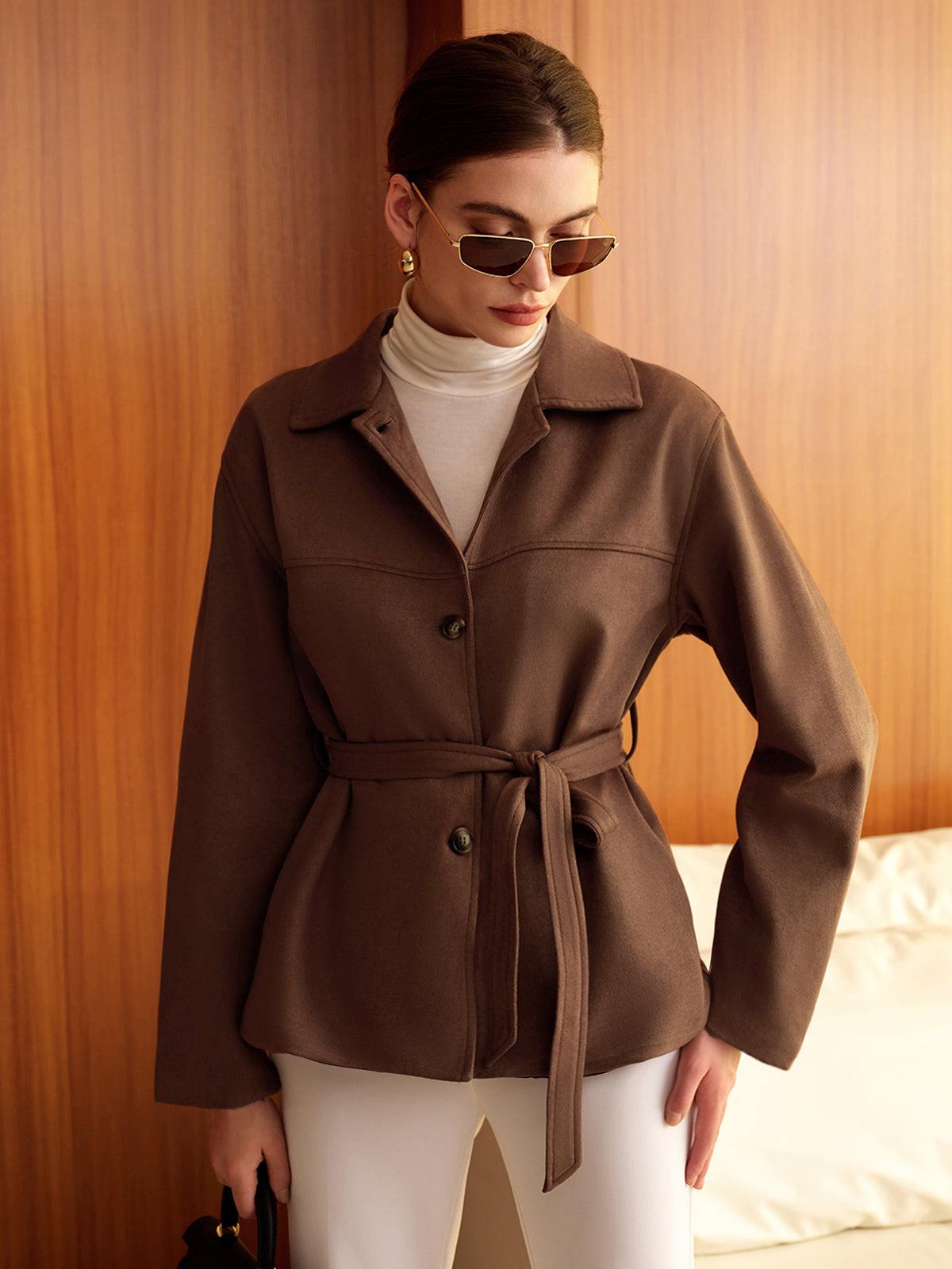 Belted Suede Effect Polo Jacket-Chicvia