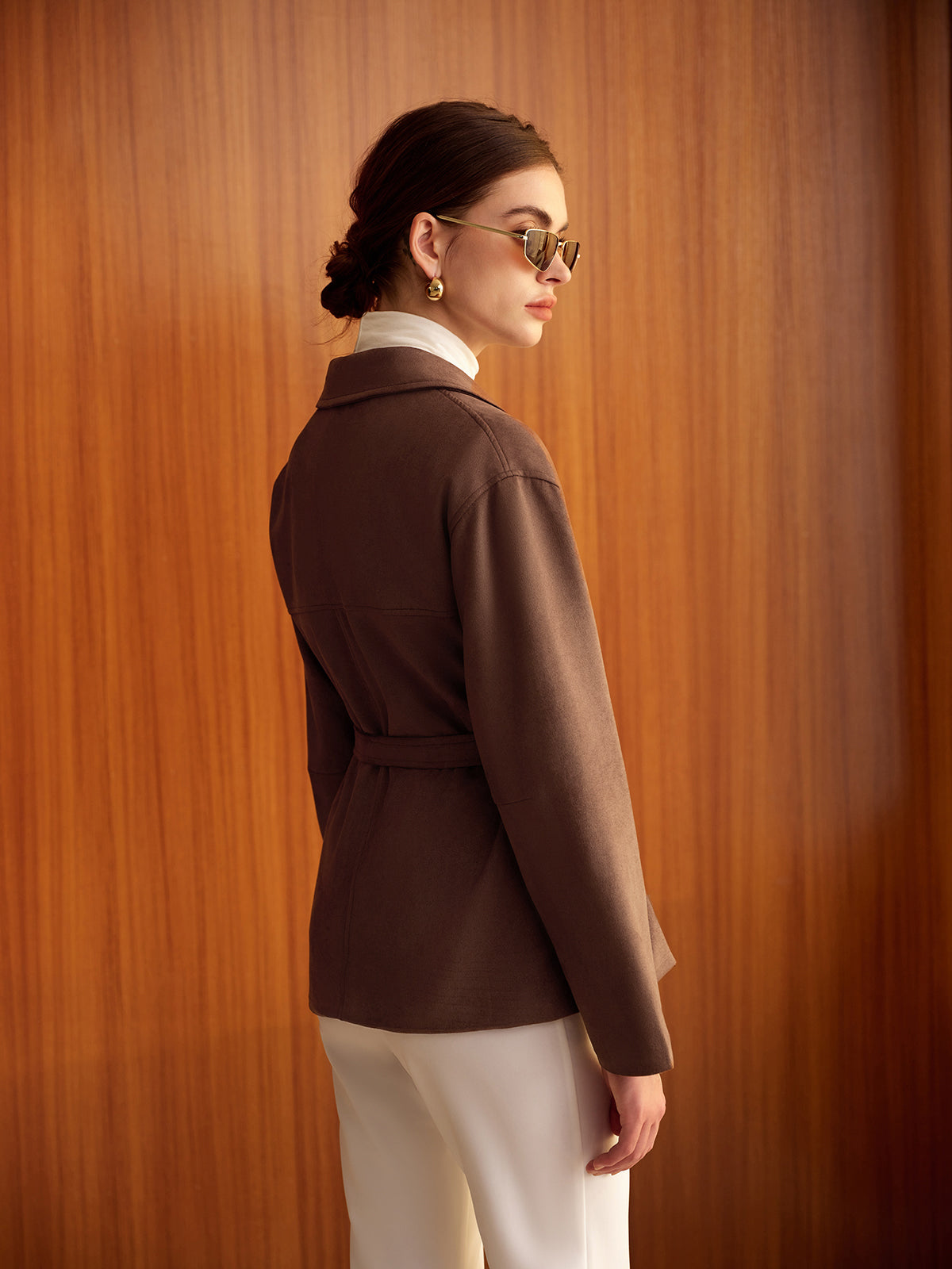 Belted Suede Effect Polo Jacket-Chicvia