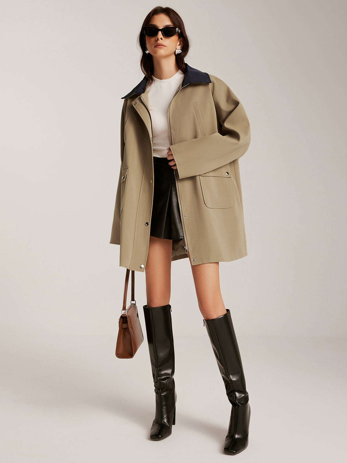 Contrast-Collar Zipper Oversized Trench Coat-Chicvia