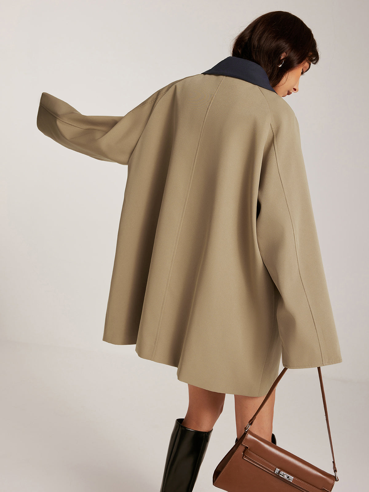 Contrast-Collar Zipper Oversized Trench Coat-Chicvia
