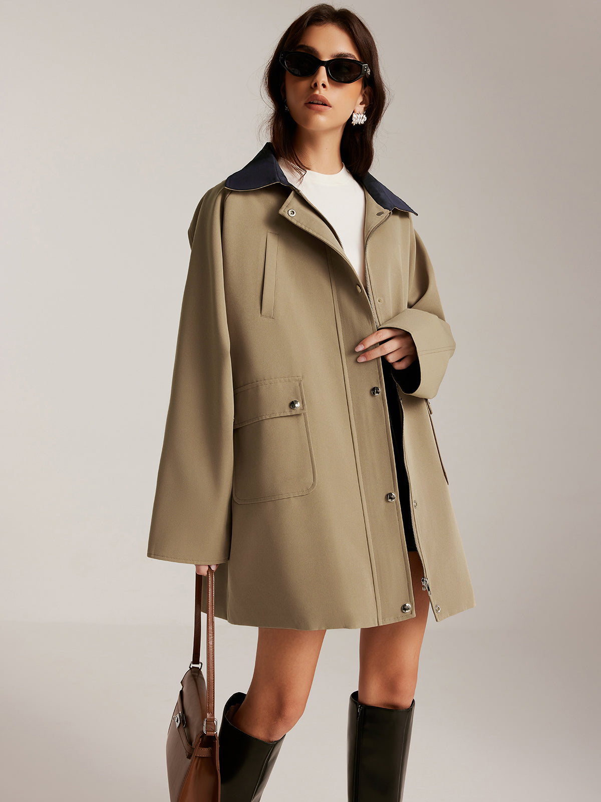 Contrast-Collar Zipper Oversized Trench Coat-Chicvia