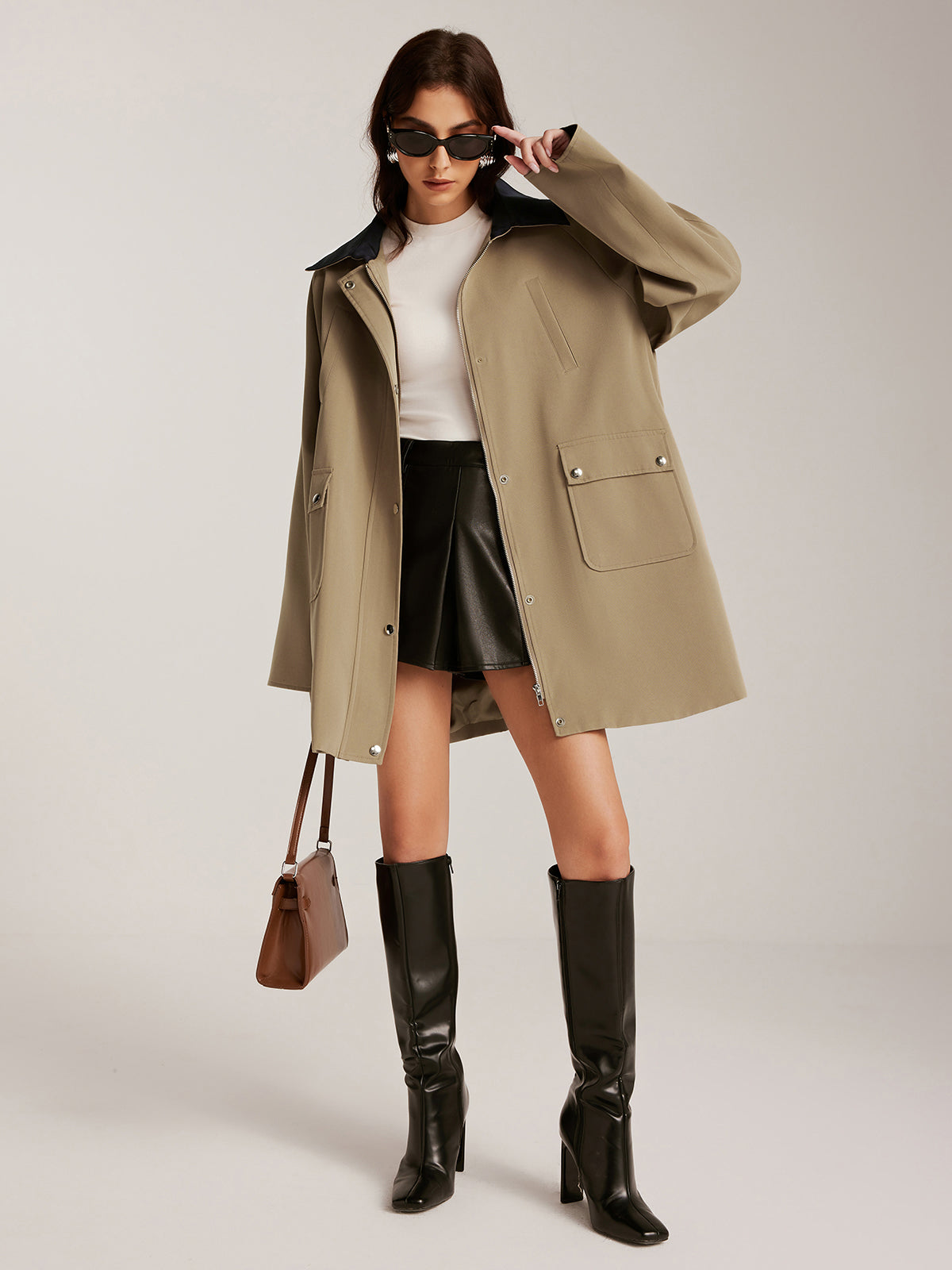Contrast-Collar Zipper Oversized Trench Coat-Chicvia