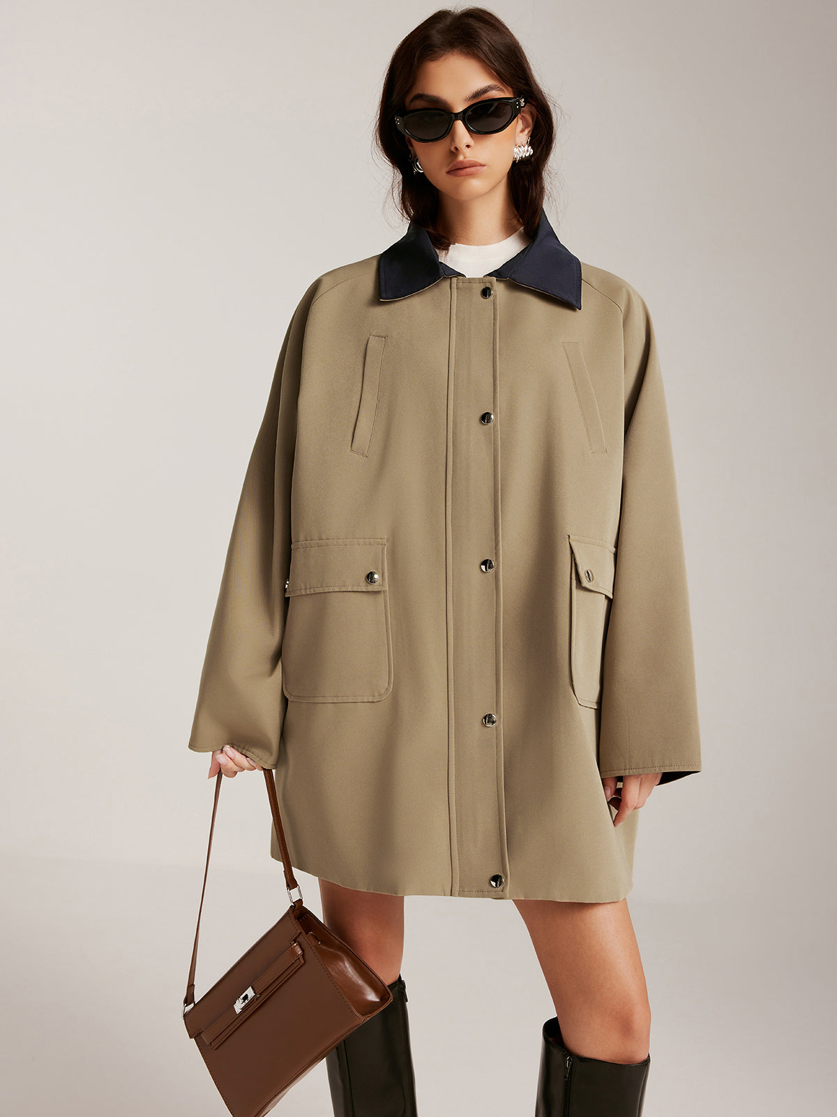 Contrast-Collar Zipper Oversized Trench Coat-Chicvia