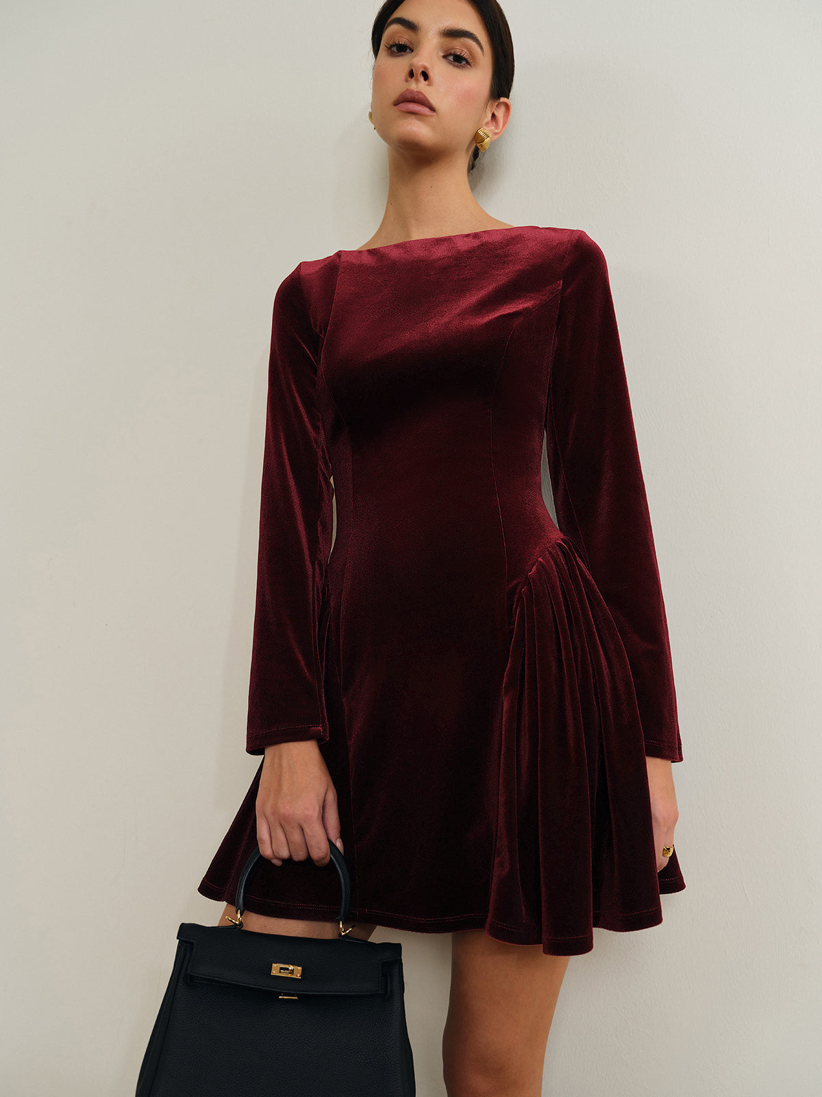 Pleated Panel Velvet Dress-Chicvia