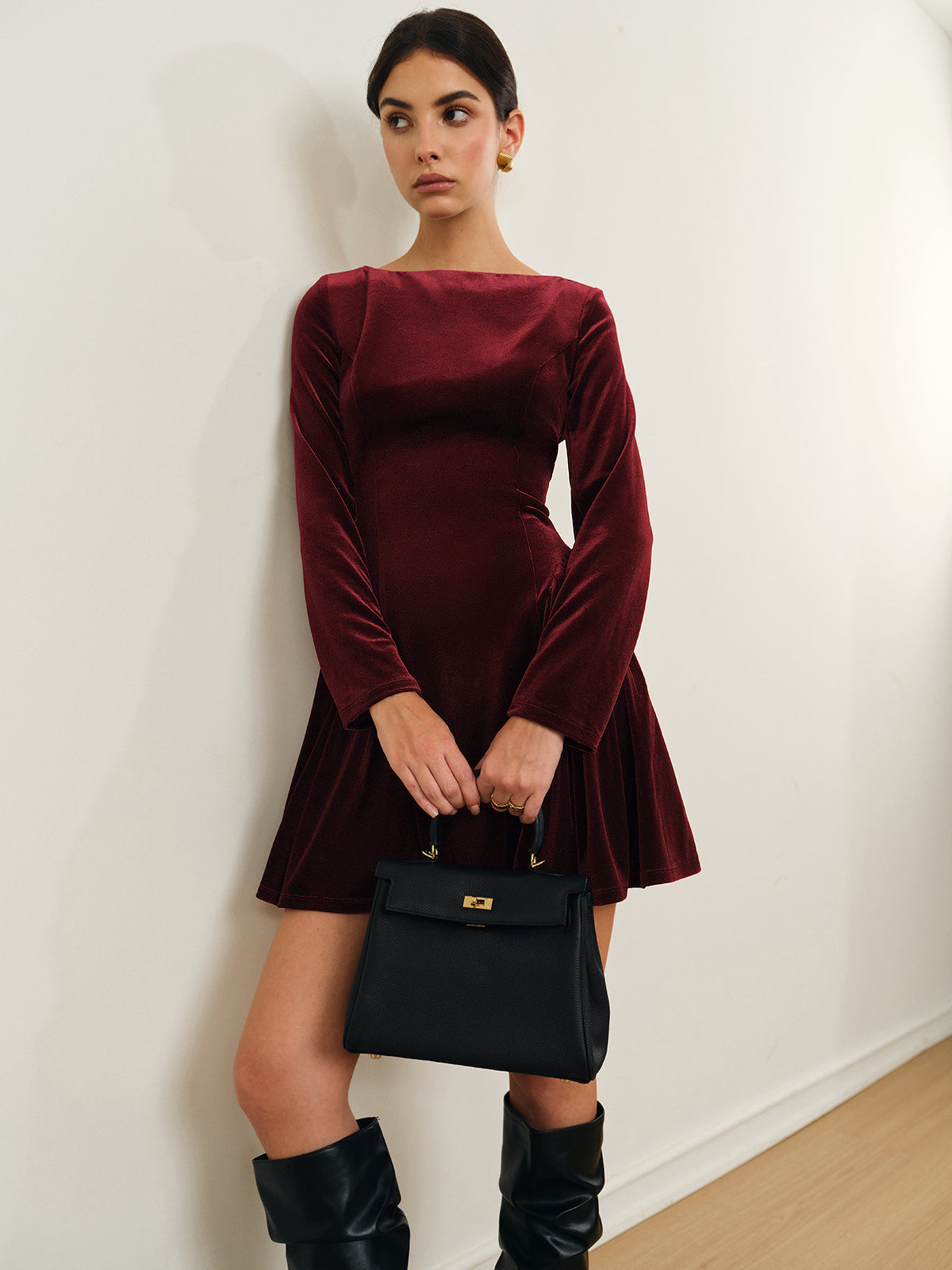 Pleated Panel Velvet Dress-Chicvia