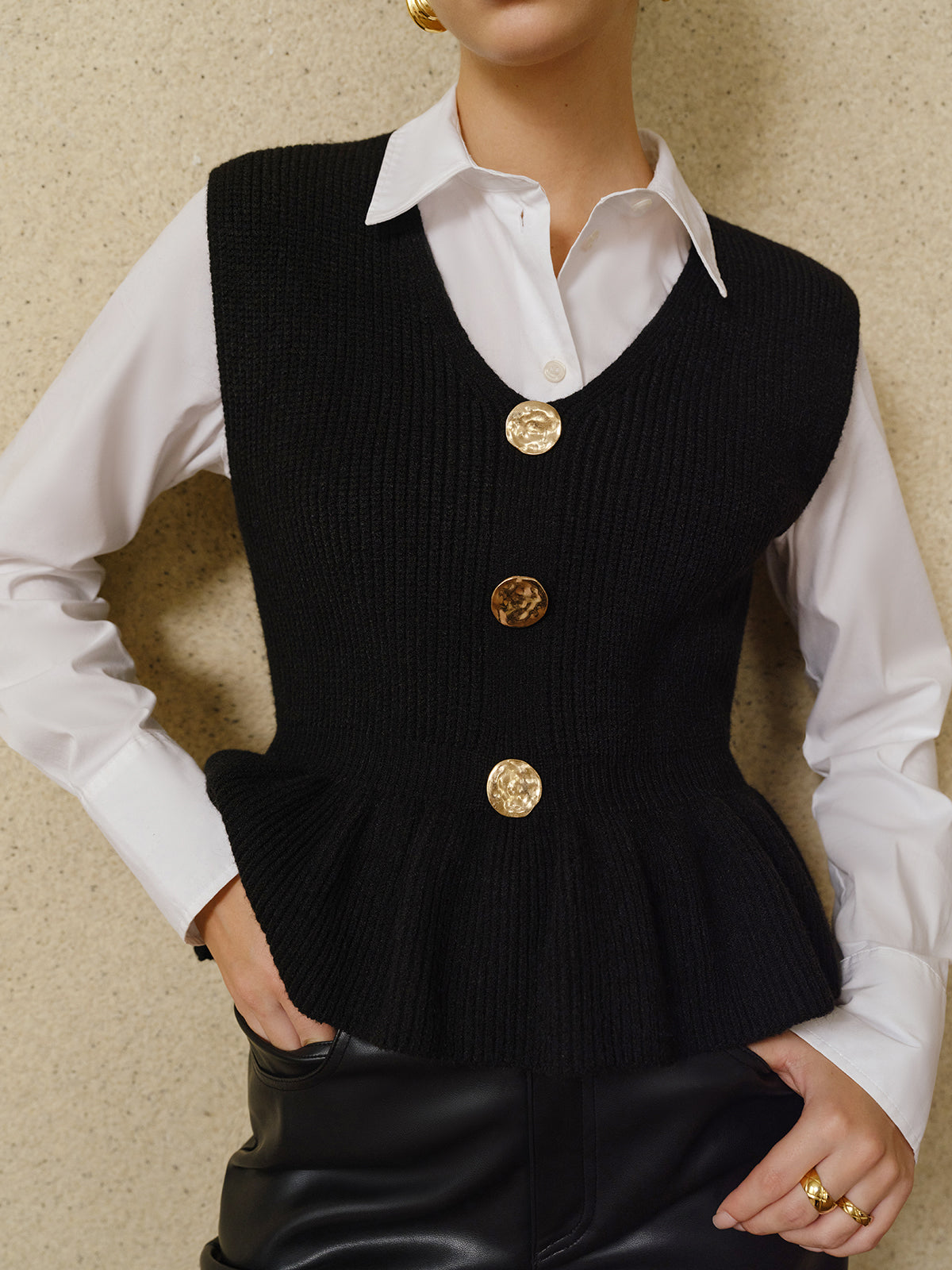 Ribbed Ruffle Sweater Vest-Chicvia