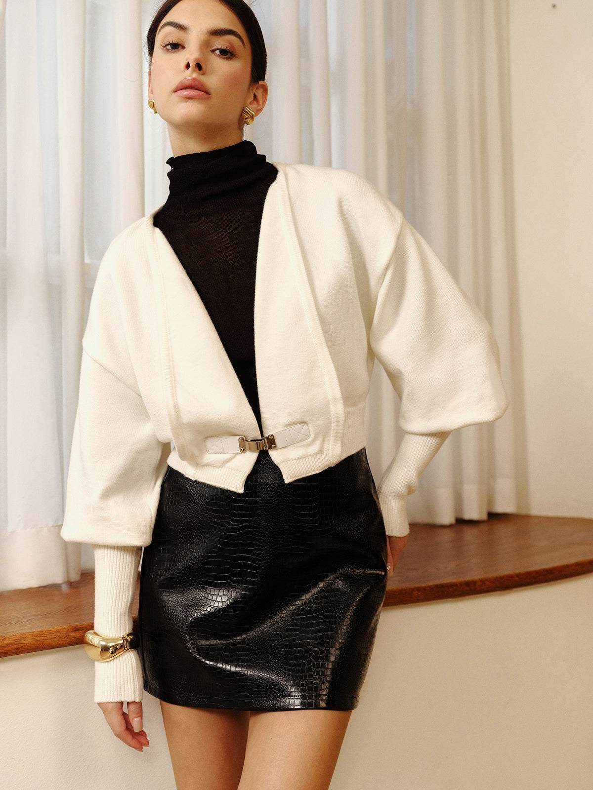 Leg-Of Mutton Sleeve Petite Knit Outerwear-Chicvia