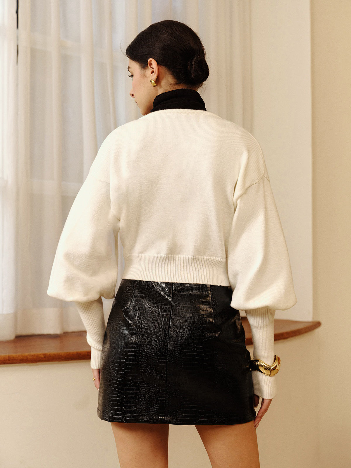 Leg-Of Mutton Sleeve Petite Knit Outerwear-Chicvia