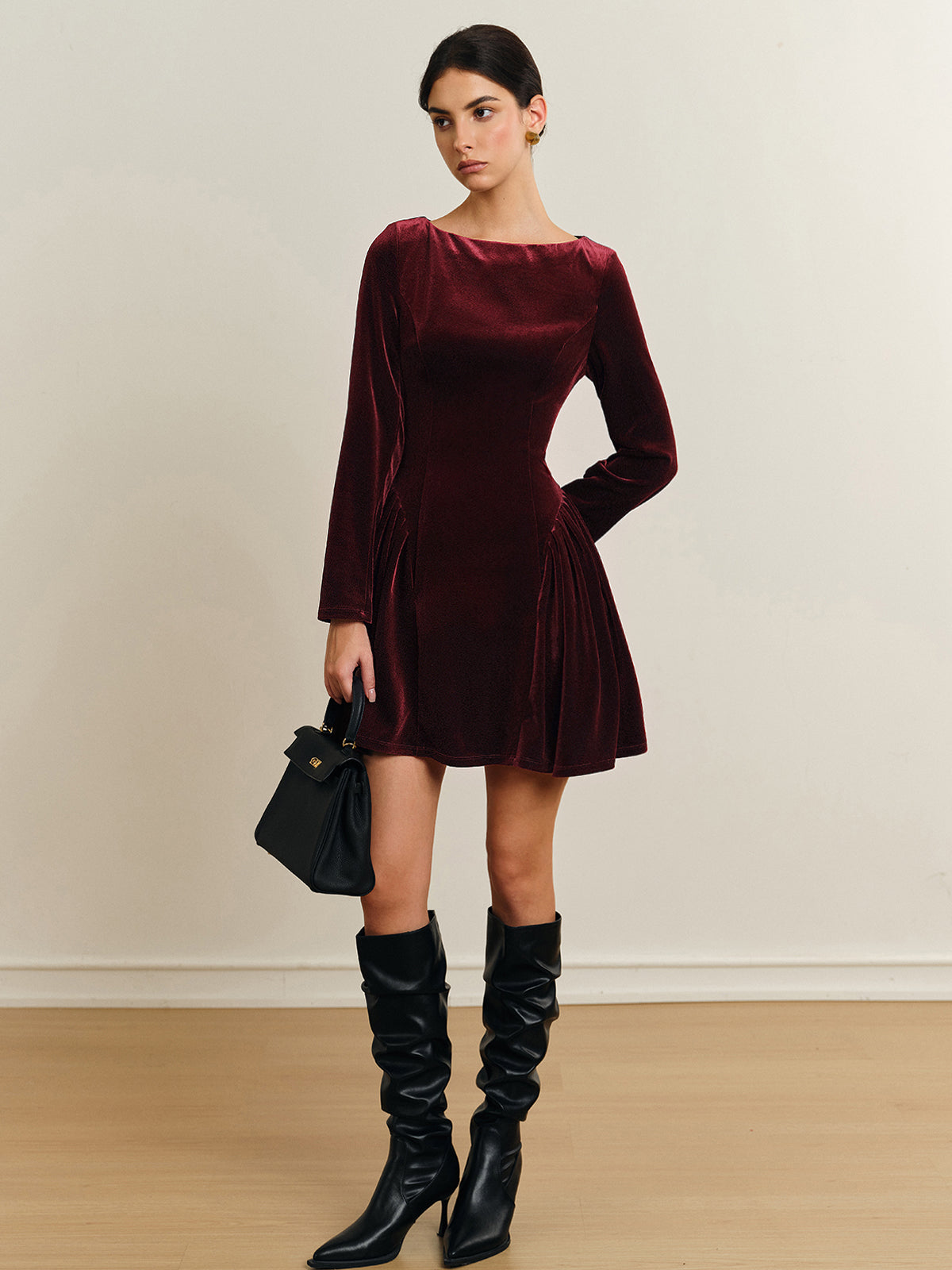 Pleated Panel Velvet Dress-Chicvia
