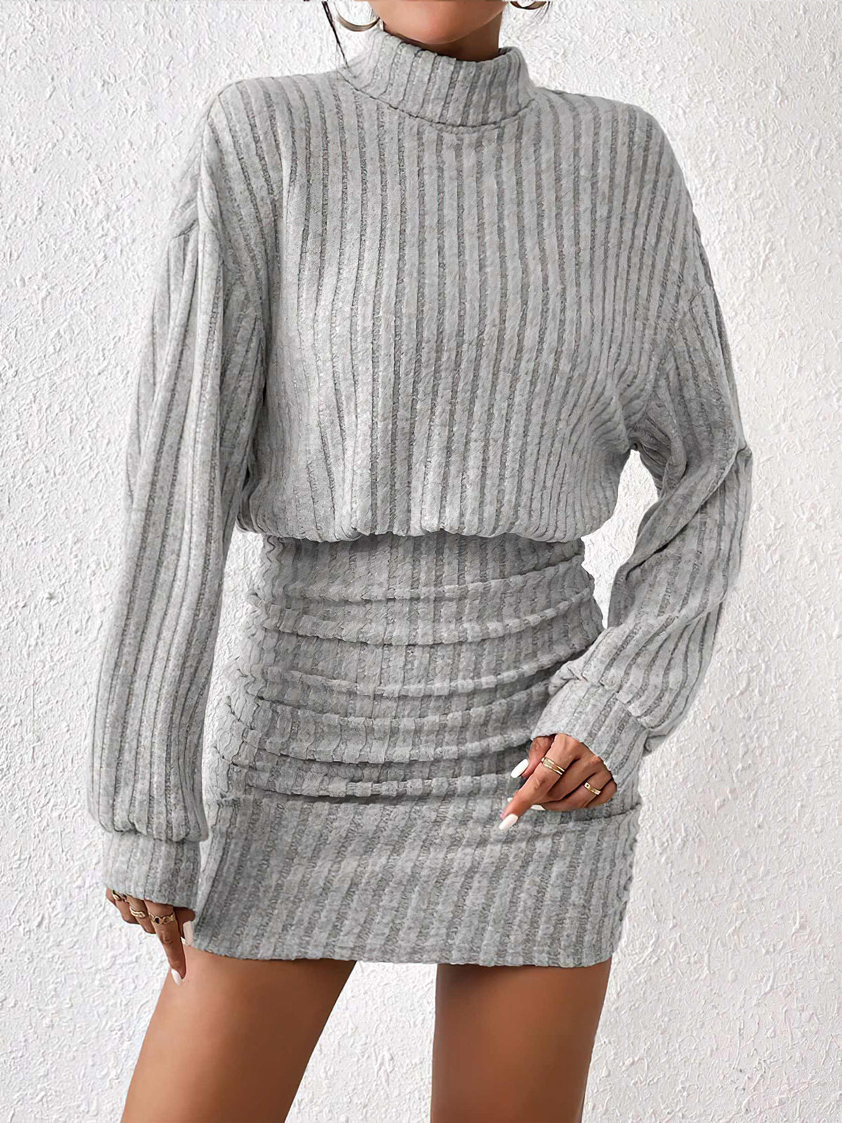Mock Neck Ribbed Short Dress-Chicvia