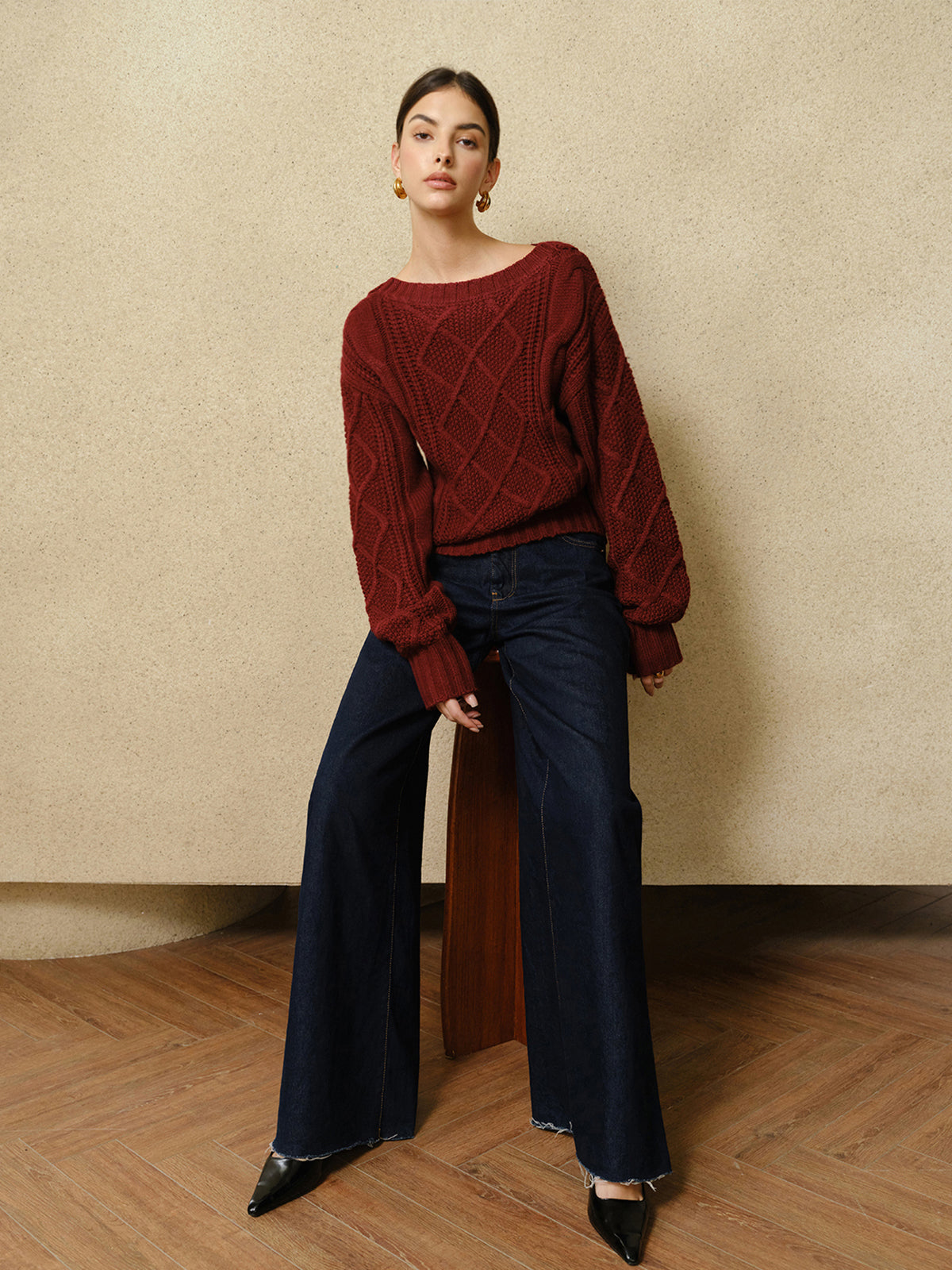 Casual Crew Neck Cable-Knit Top-Chicvia