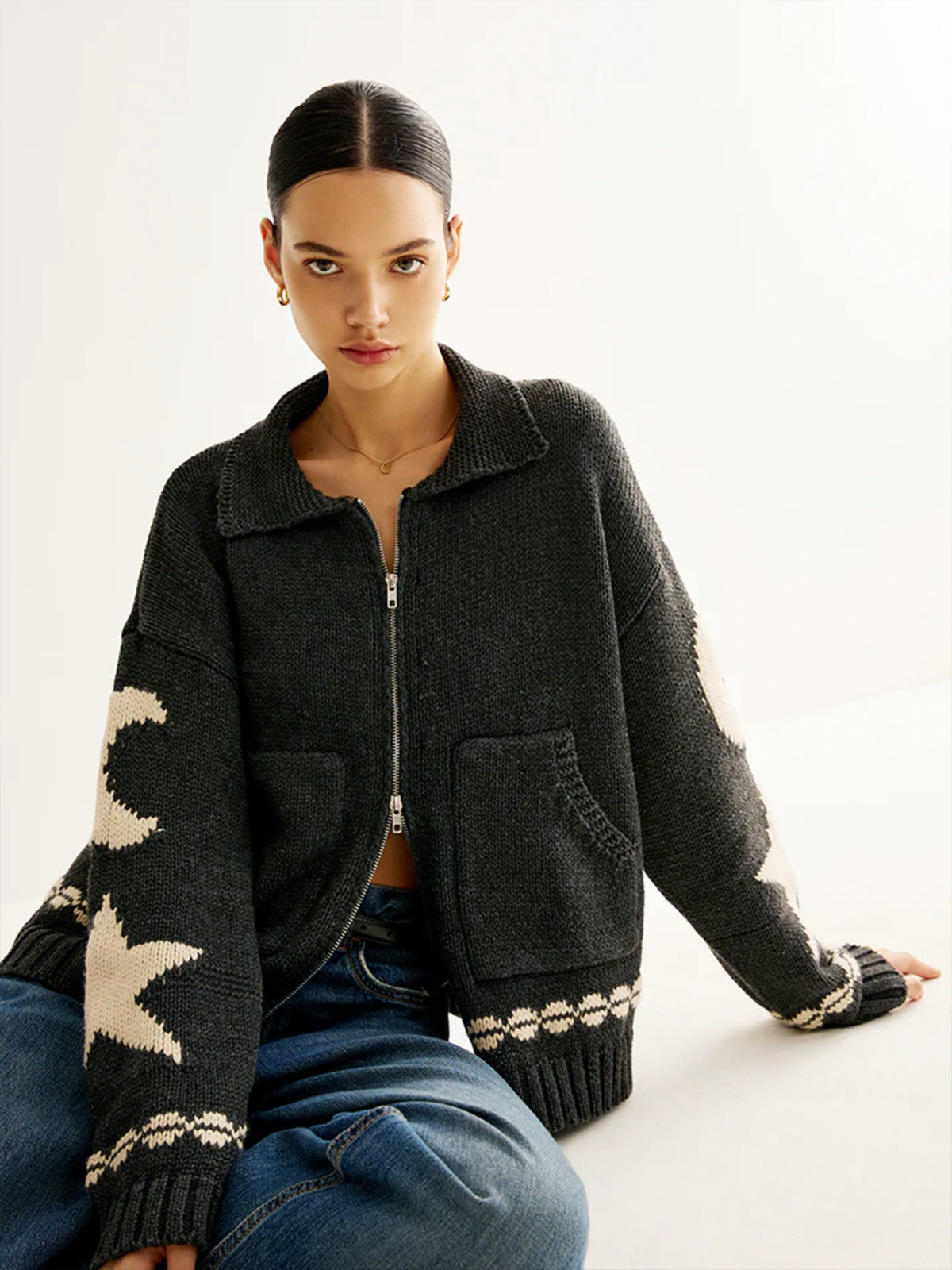 Double-Zip Pockets Lapel Cardigan-Chicvia