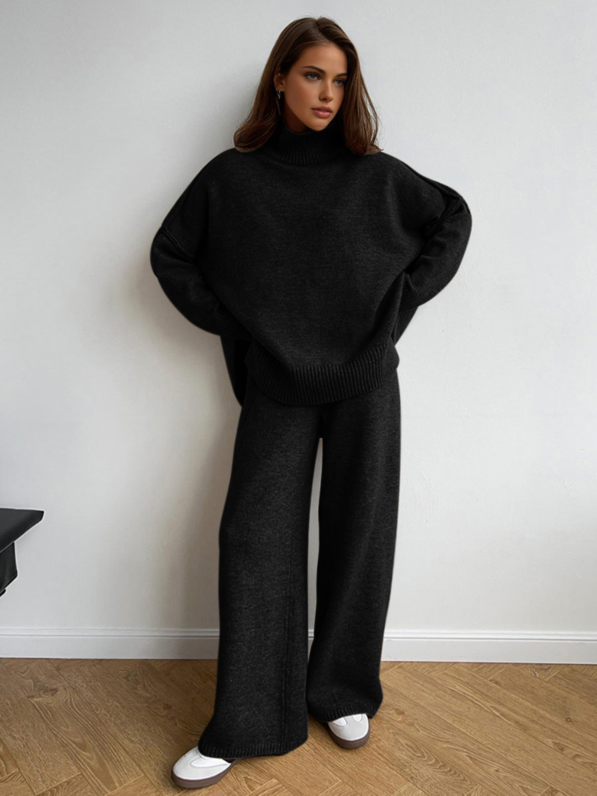 Plain Turtleneck Knit Pants Set-Chicvia