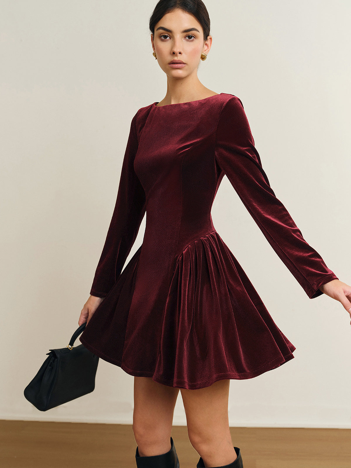 Pleated Panel Velvet Dress-Chicvia