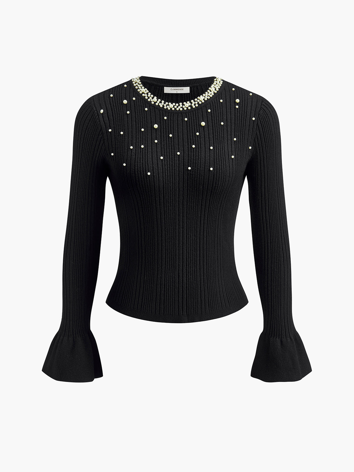 Pearl Decor Ruffle-Cuff Knit Top-Chicvia