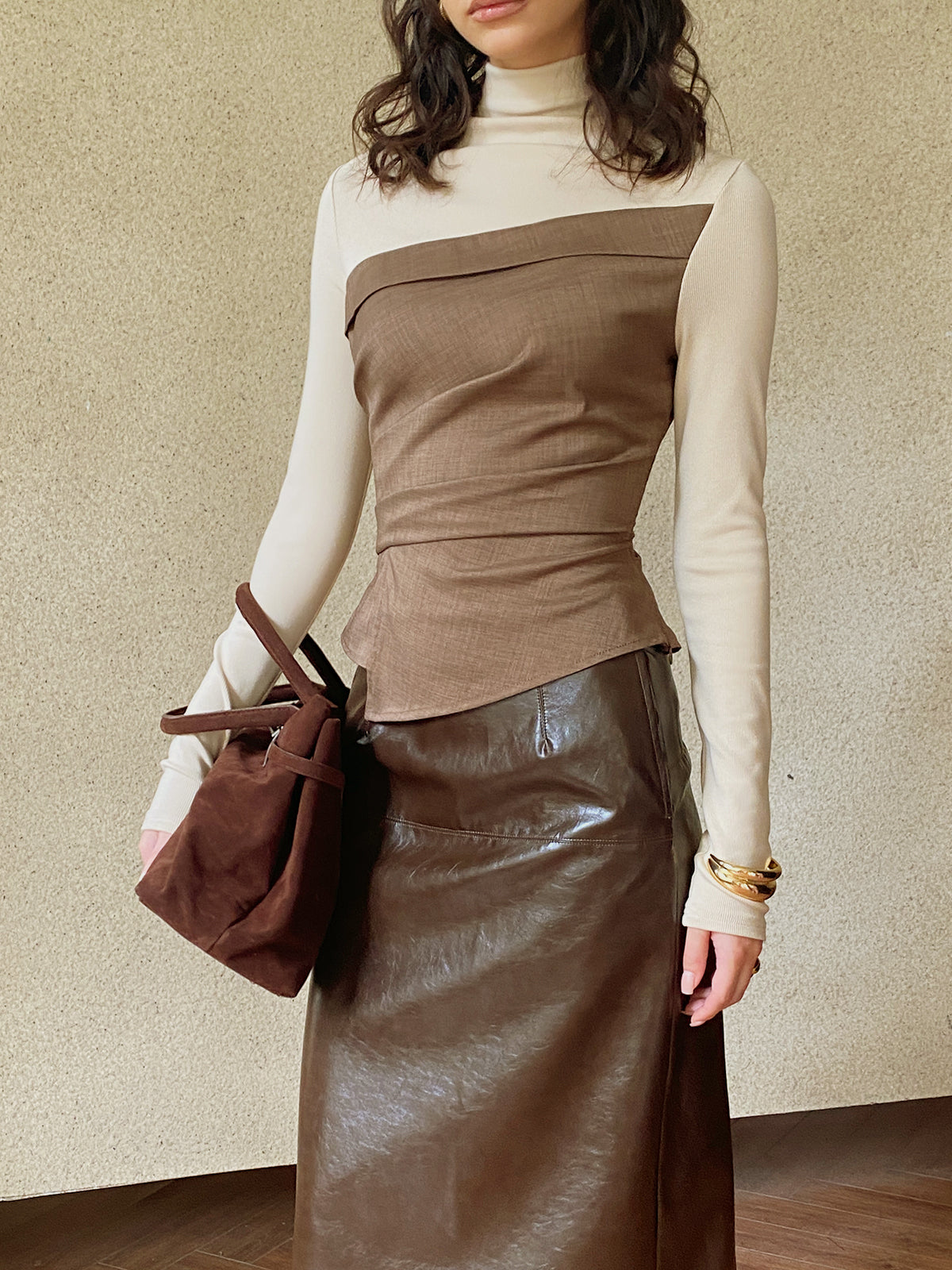 Color Block Pleated Panel T-Shirt-Chicvia