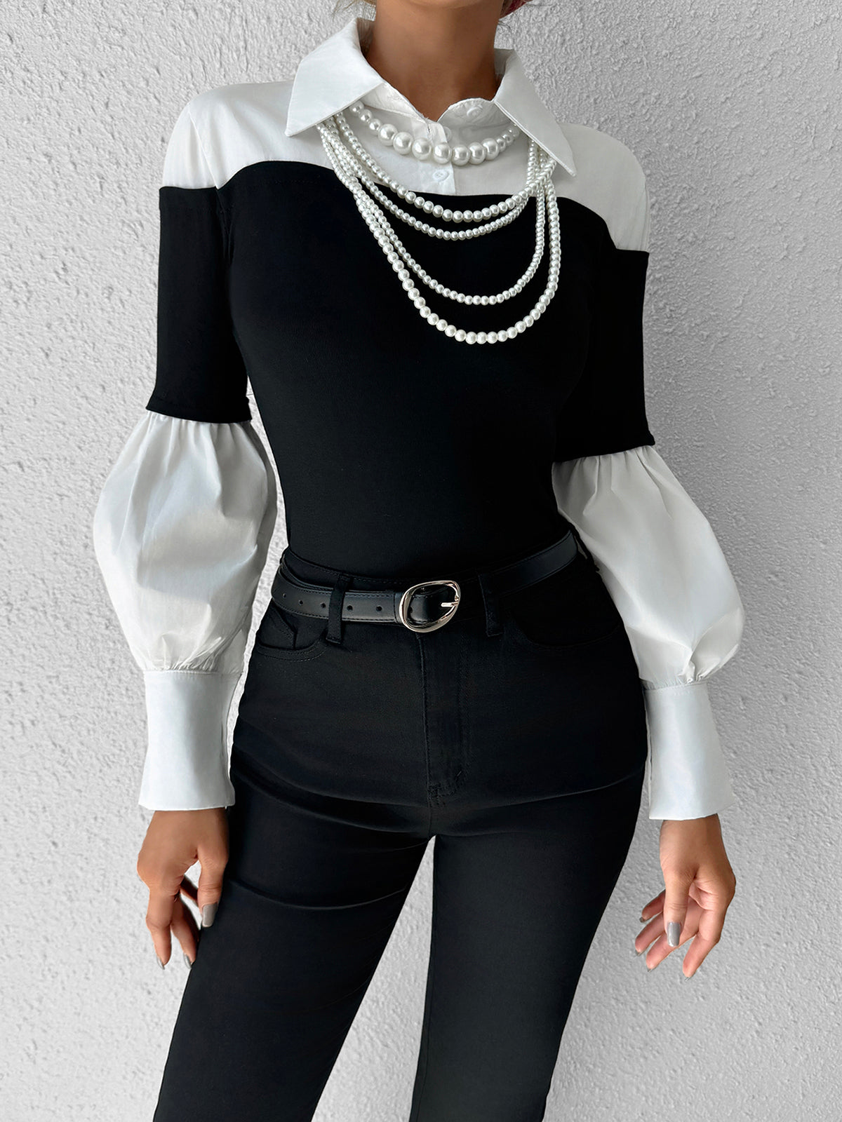 Color Block Skinny Lapel Top-Chicvia