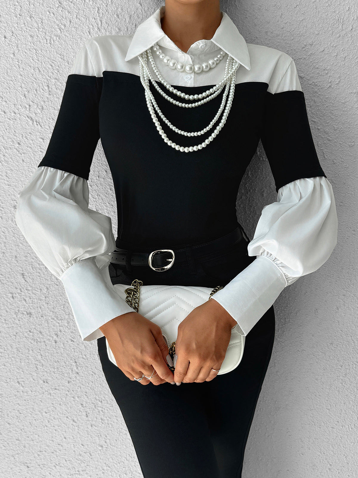 Color Block Skinny Lapel Top-Chicvia