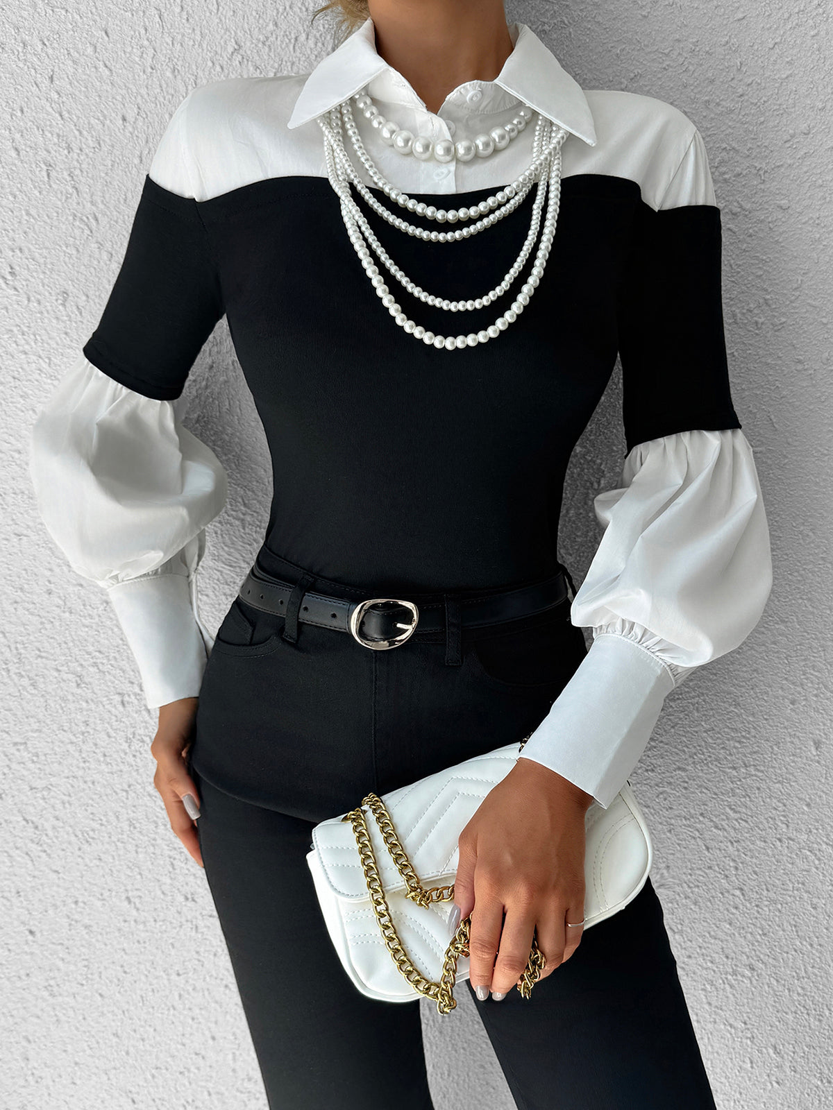 Color Block Skinny Lapel Top-Chicvia