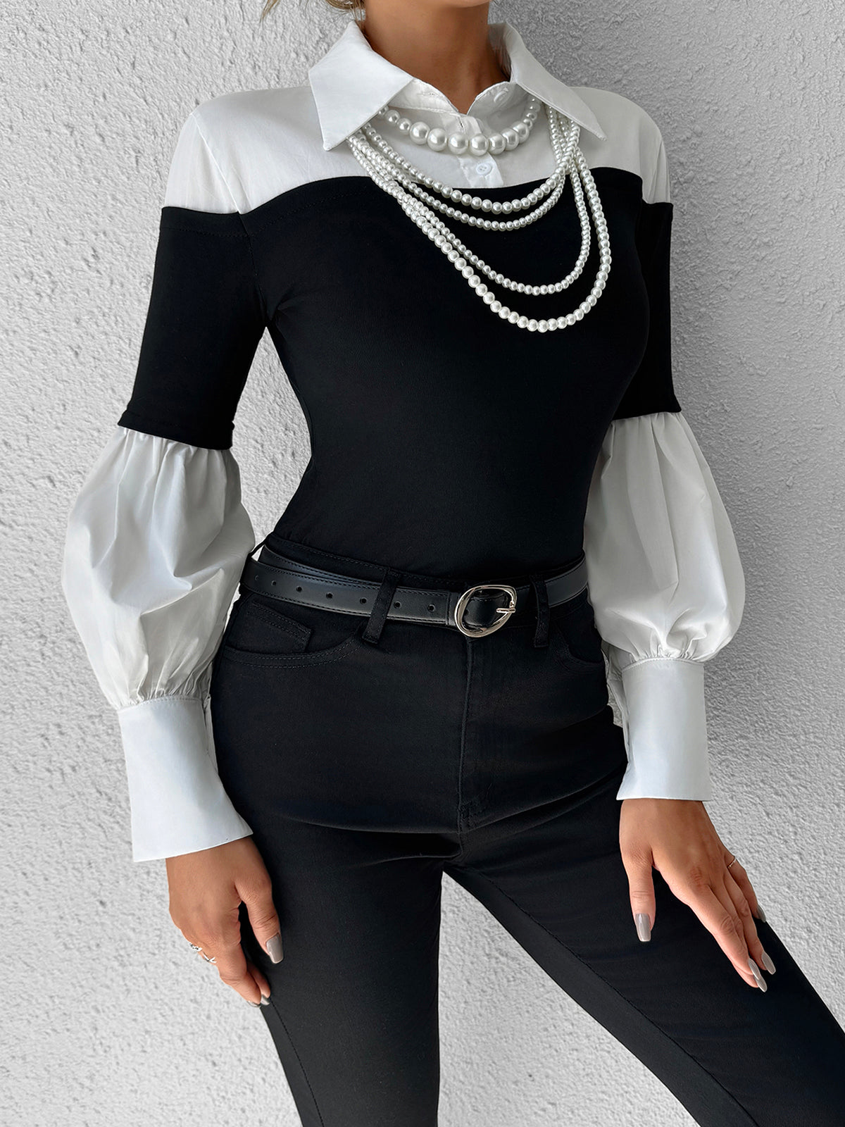 Color Block Skinny Lapel Top-Chicvia