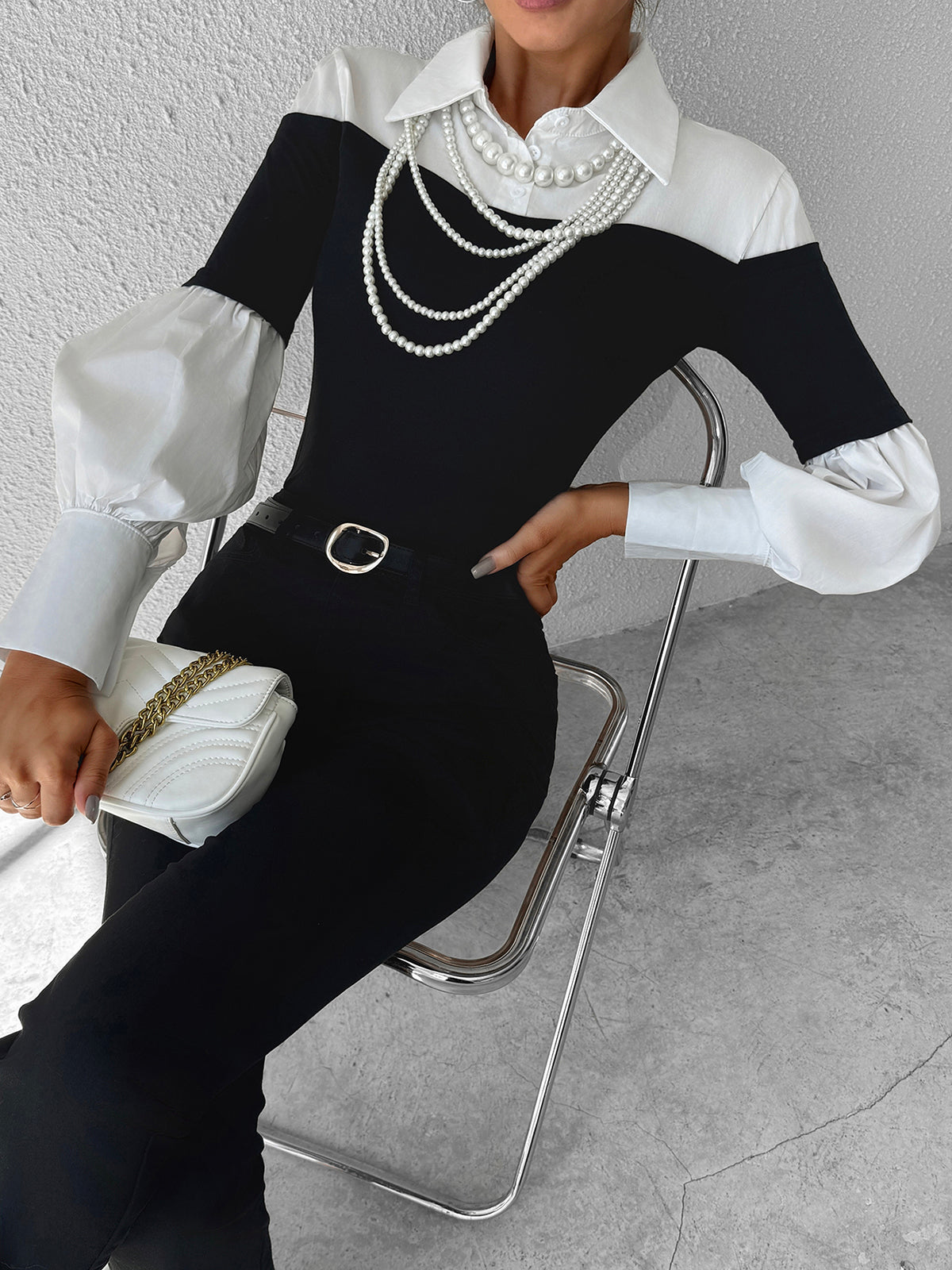 Color Block Skinny Lapel Top-Chicvia