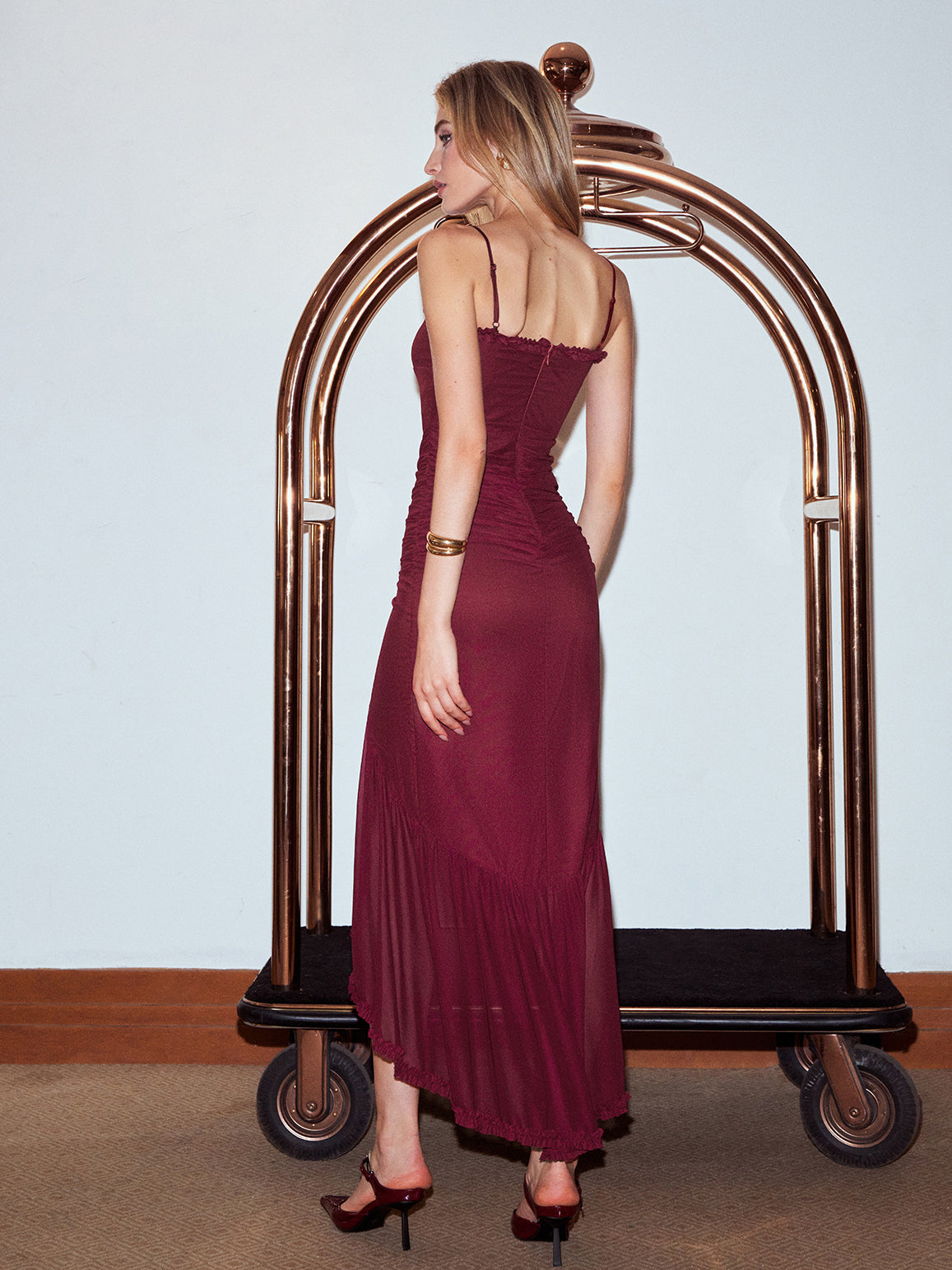 Pleated Mesh Panel Cami Dress-Chicvia