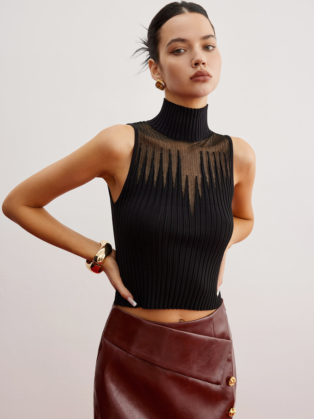 Crop Sheer Panel Sweater Vest-Chicvia