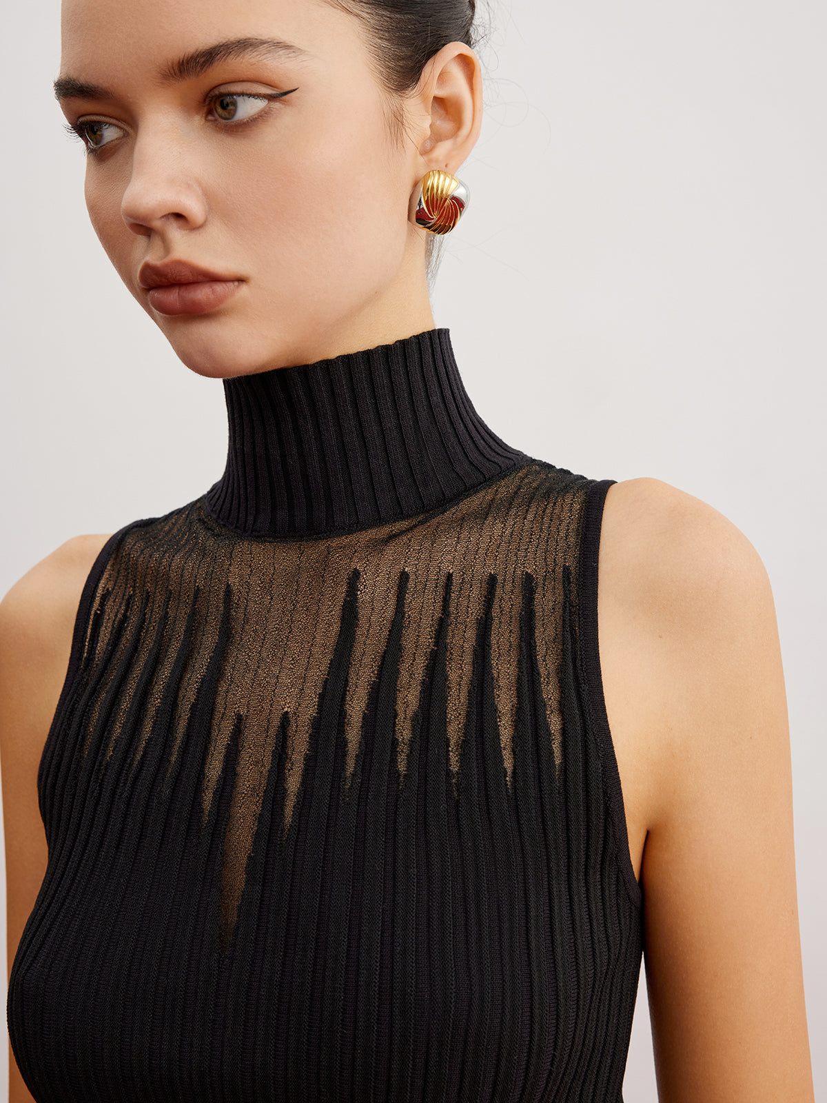 Crop Sheer Panel Sweater Vest-Chicvia