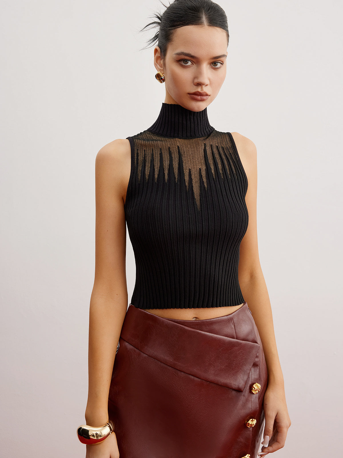 Crop Sheer Panel Sweater Vest-Chicvia