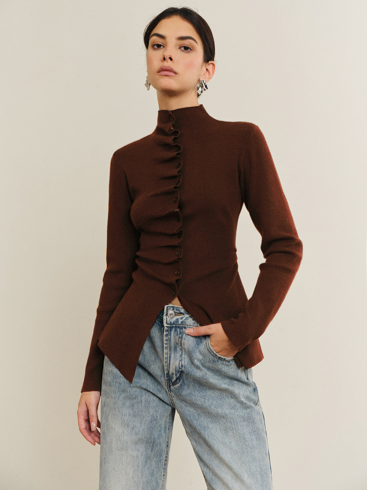 Button Pleated Split Knit Top-Chicvia