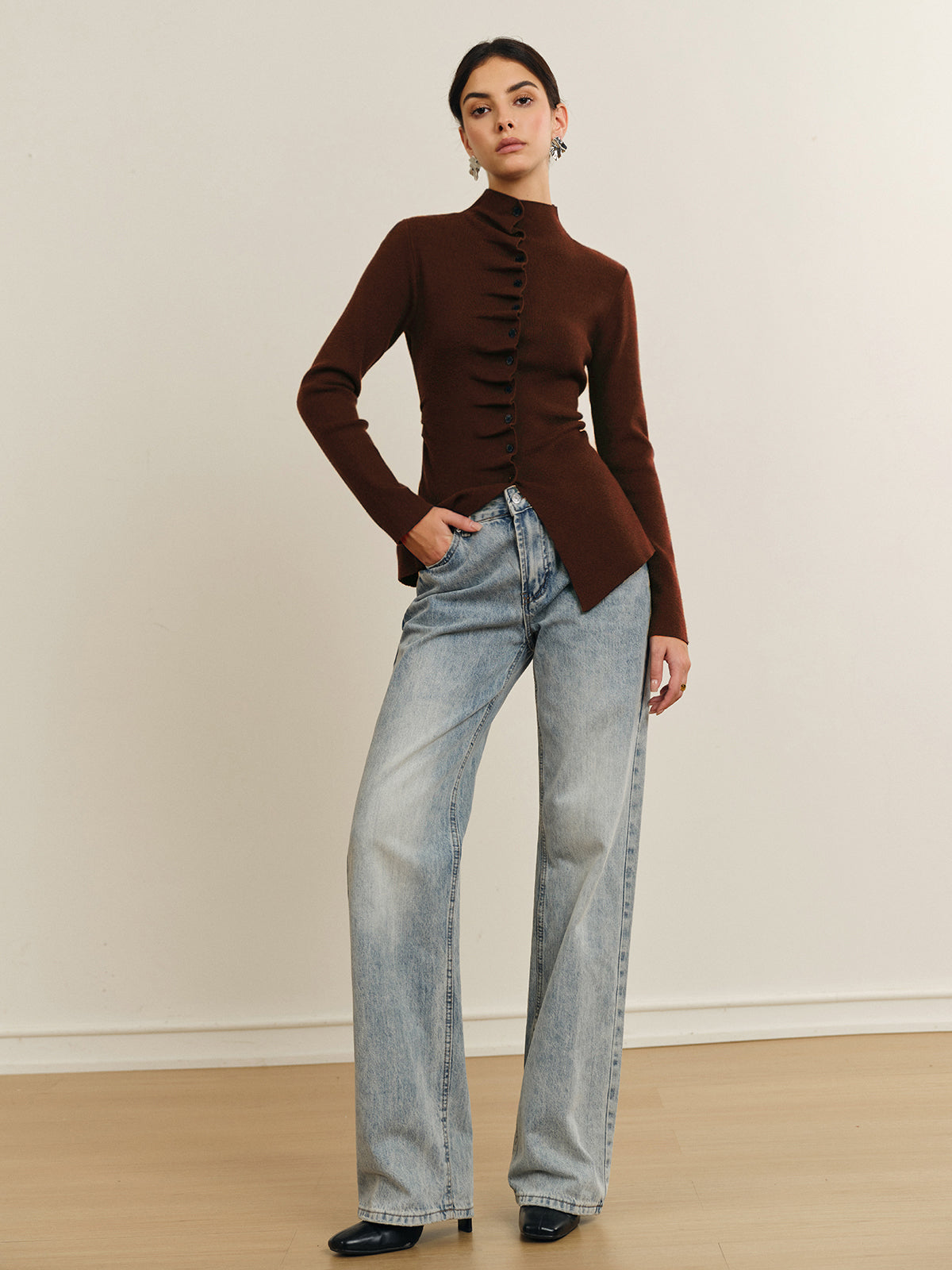 Button Pleated Split Knit Top-Chicvia