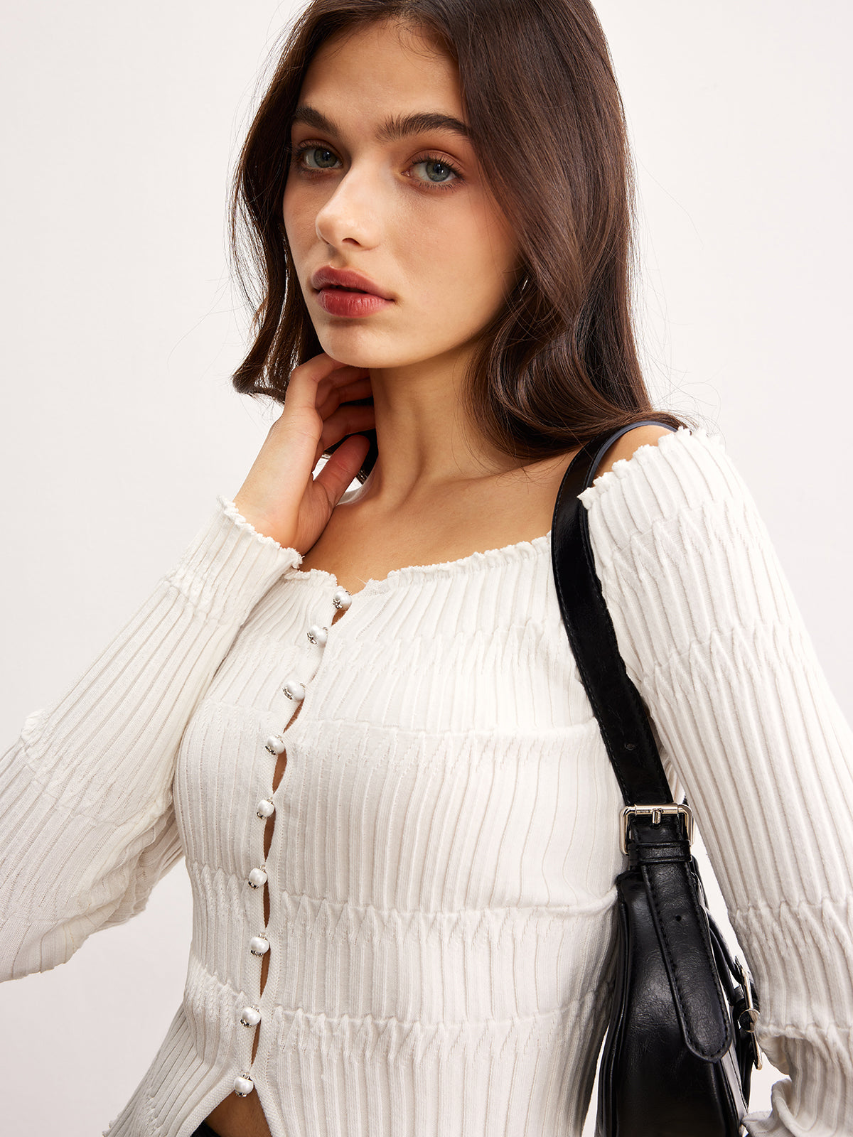 Off-Shoulder Lettuce Trim Cardigan-Chicvia