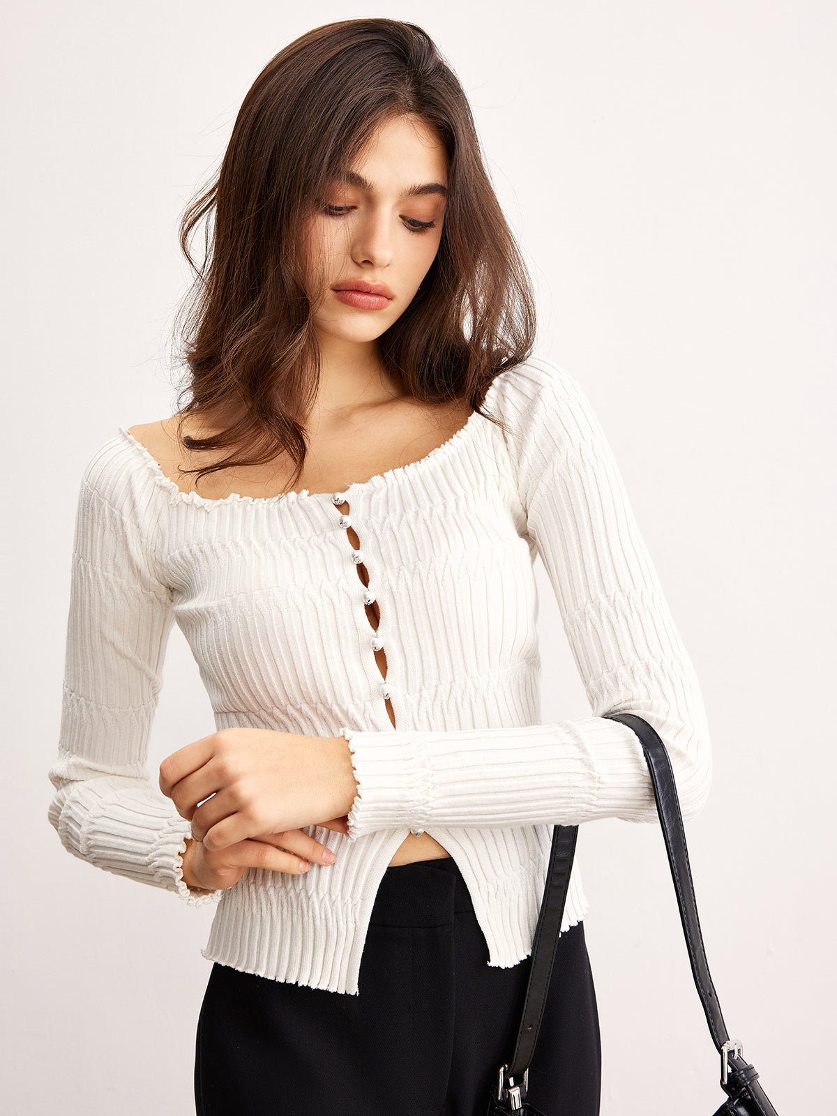 Off-Shoulder Lettuce Trim Cardigan-Chicvia