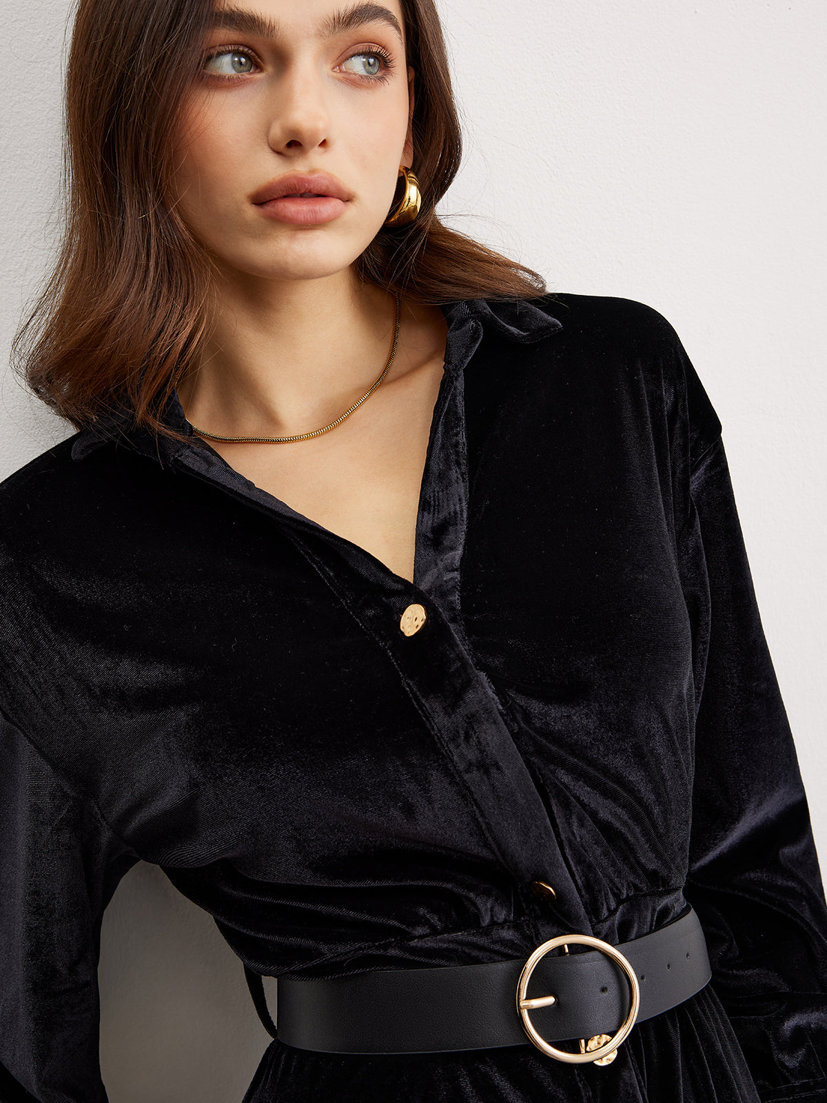 Metal Button Belted Velvet Dress-Chicvia