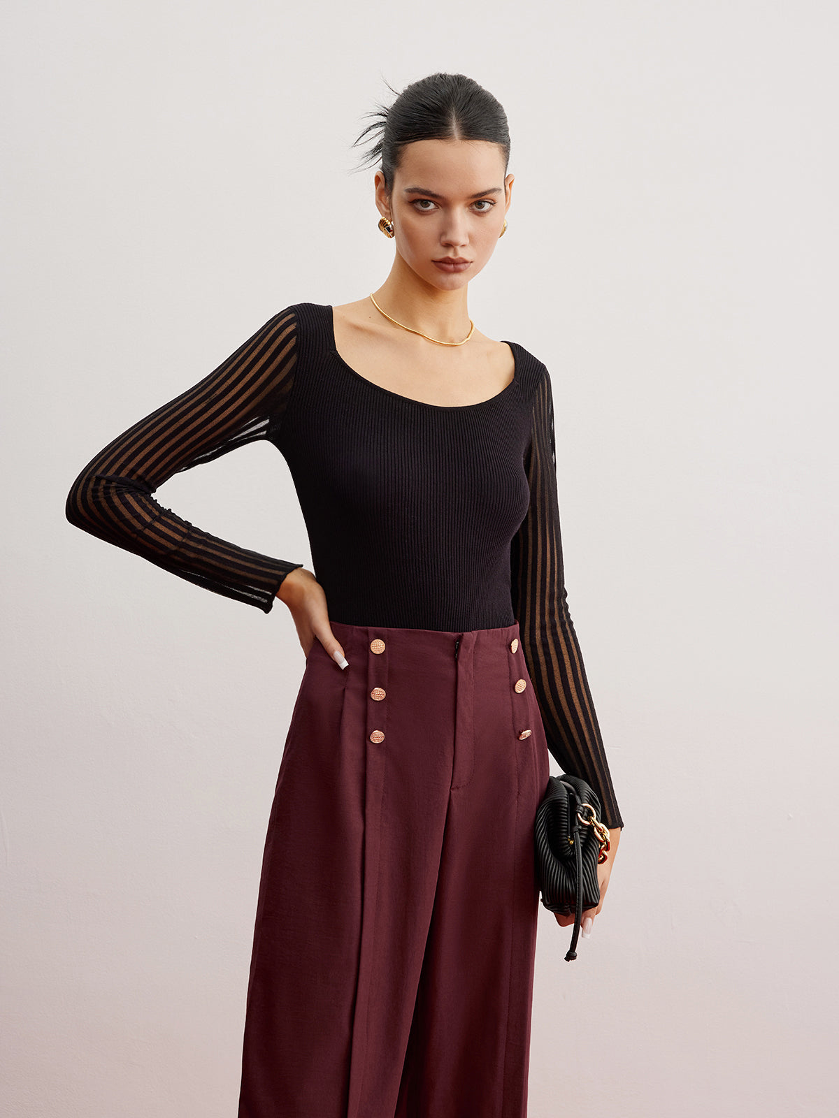 Ribbed Sheer Sleeve Sweater-Chicvia