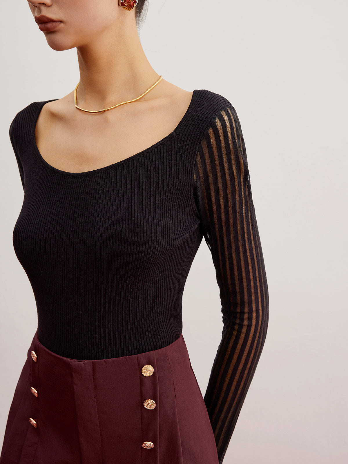Ribbed Sheer Sleeve Sweater-Chicvia