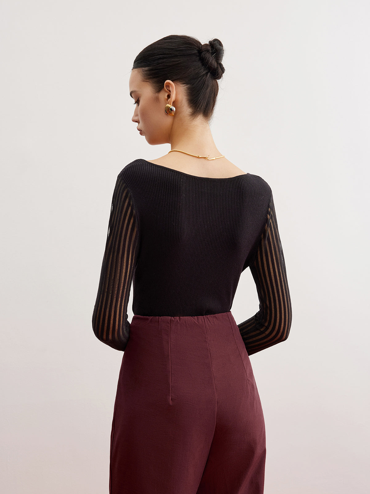 Ribbed Sheer Sleeve Sweater-Chicvia