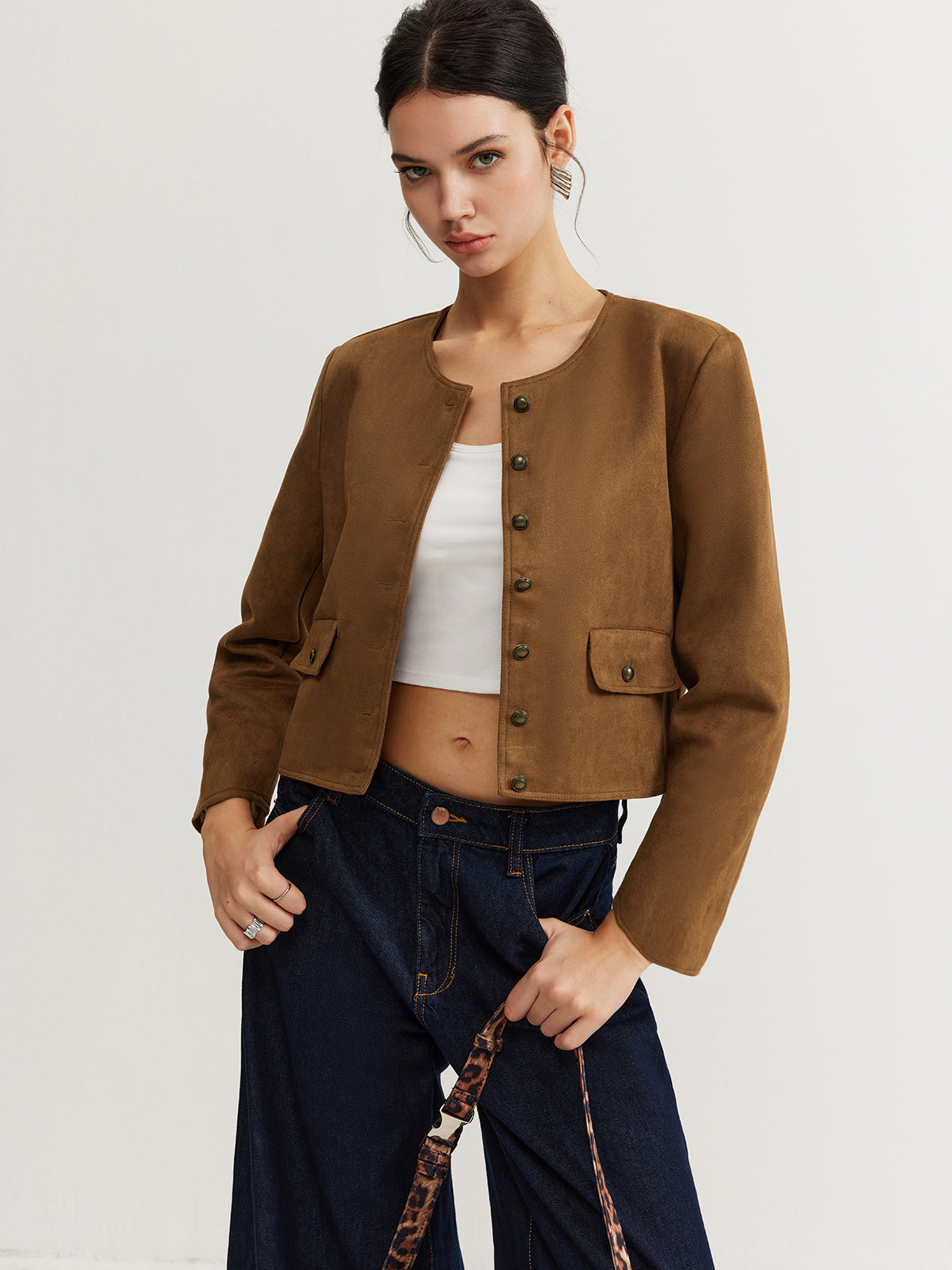 Leisure Button Suede Effect Trench Coat-Chicvia