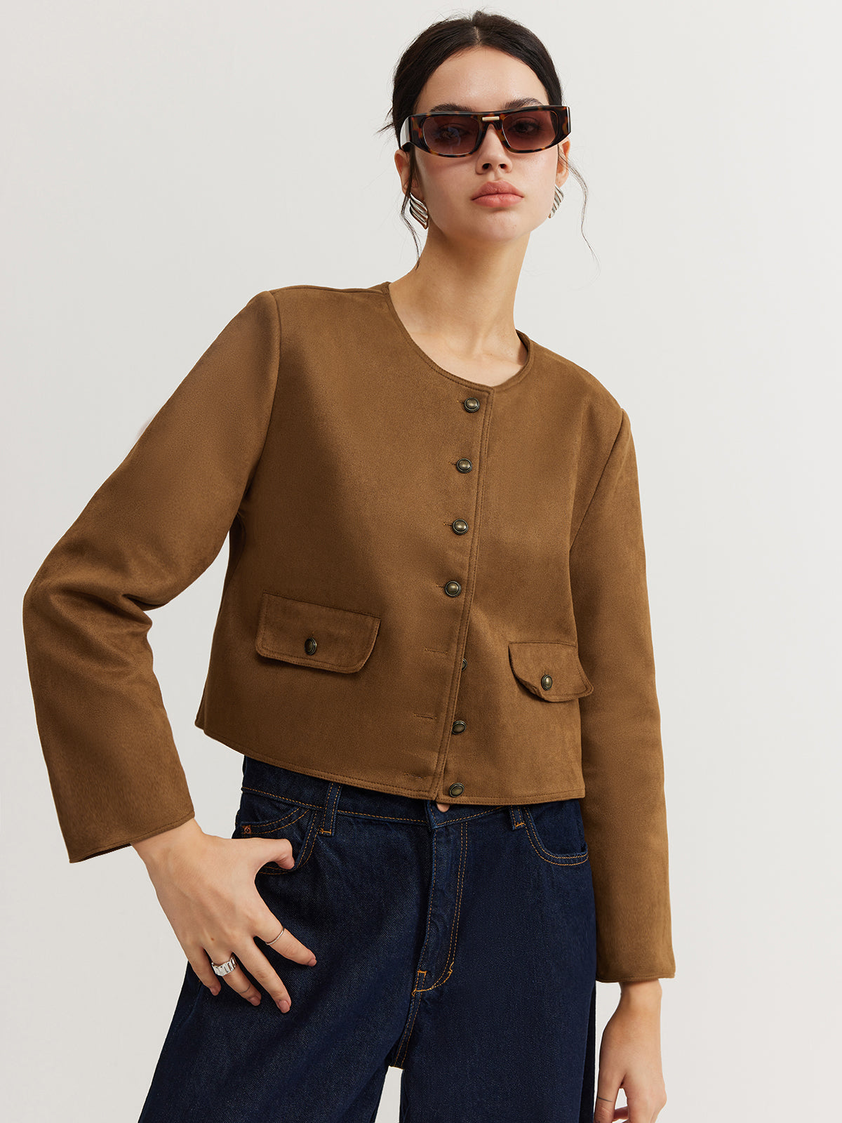 Leisure Button Suede Effect Trench Coat-Chicvia