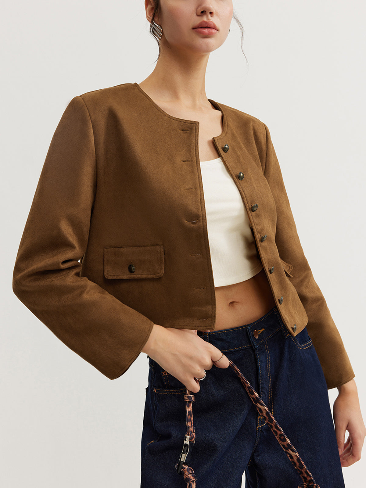 Leisure Button Suede Effect Trench Coat-Chicvia