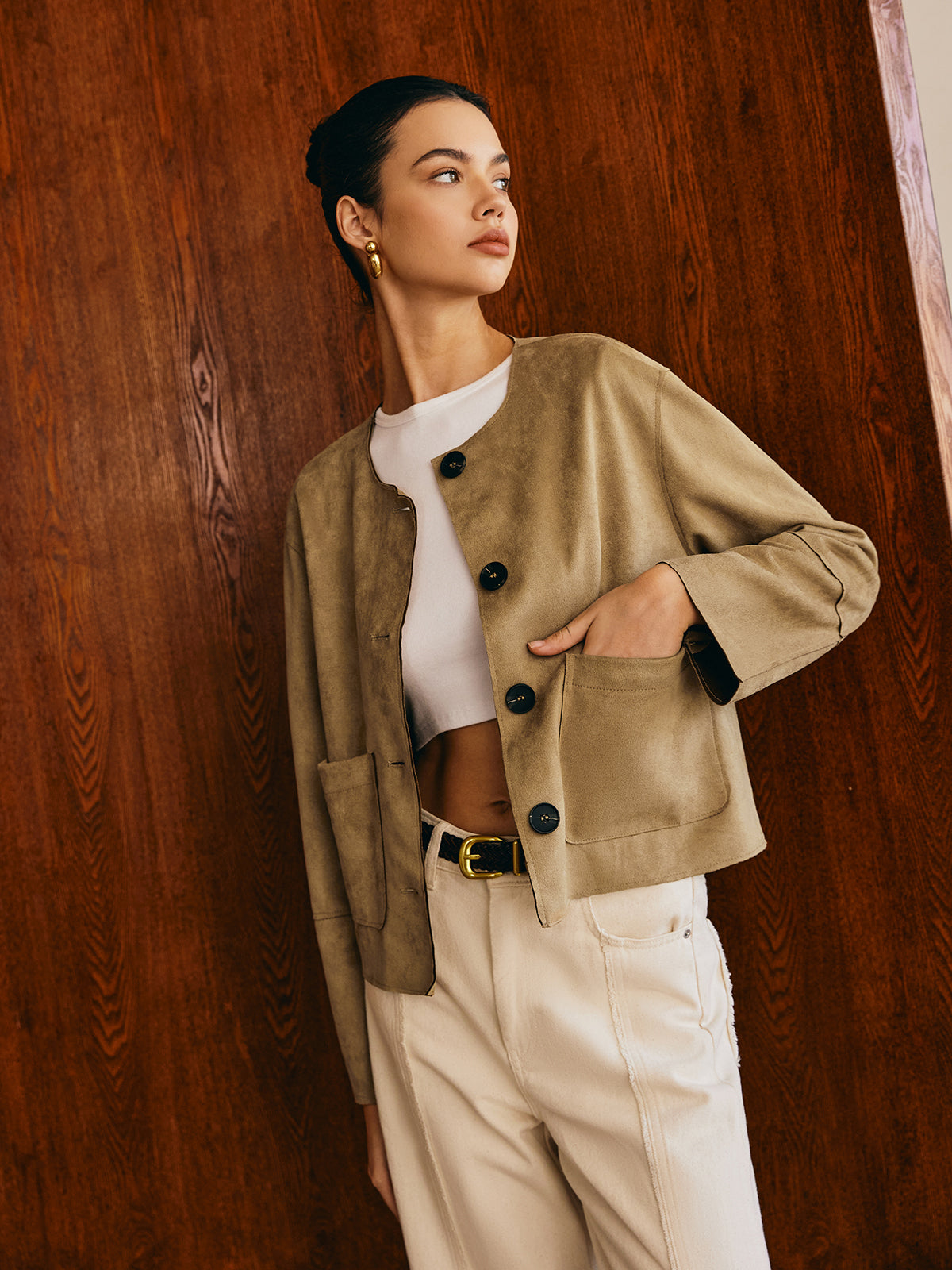 Large Pockets Breasted Suede Effect Jacket-Chicvia