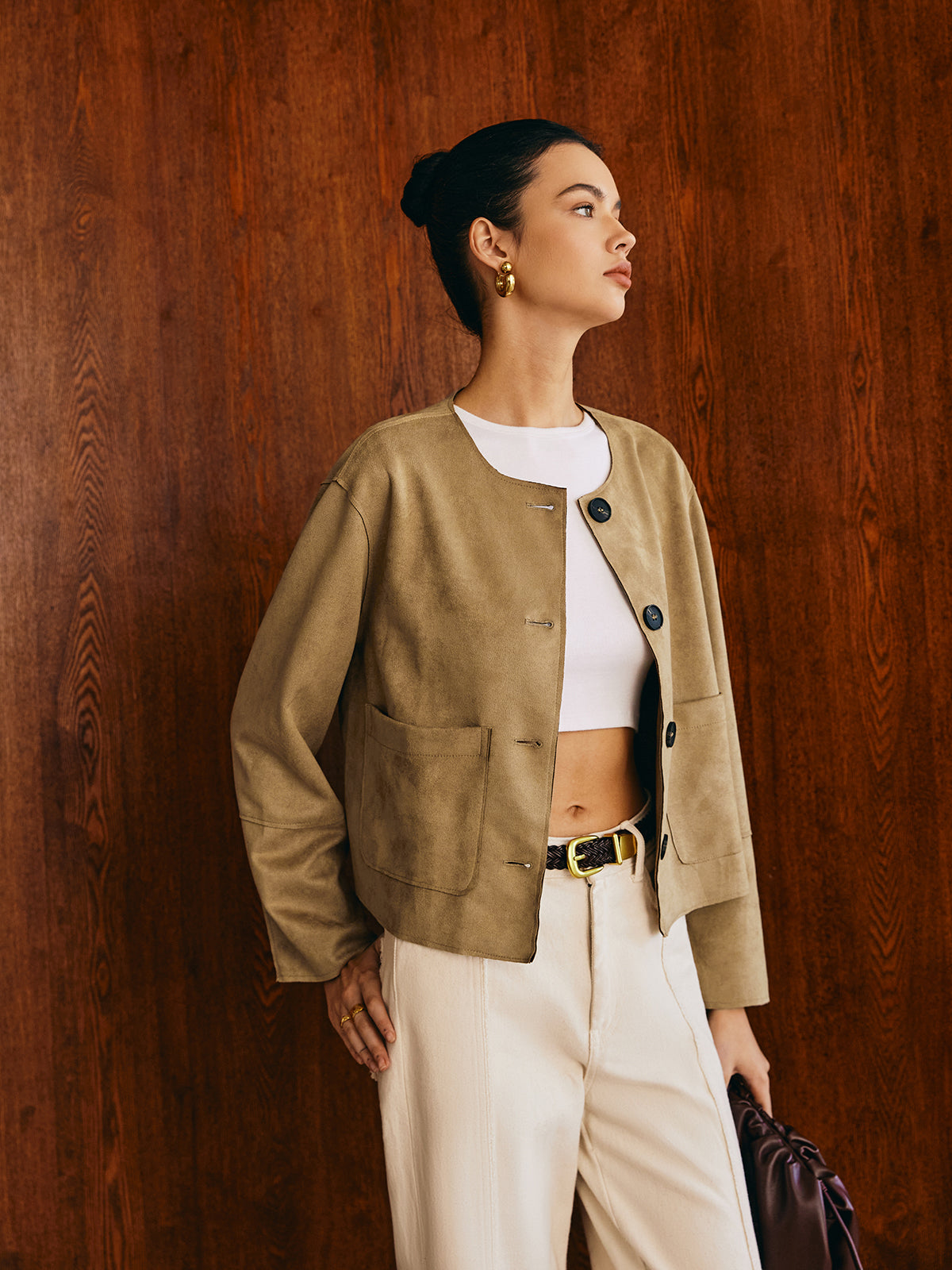 Large Pockets Breasted Suede Effect Jacket-Chicvia